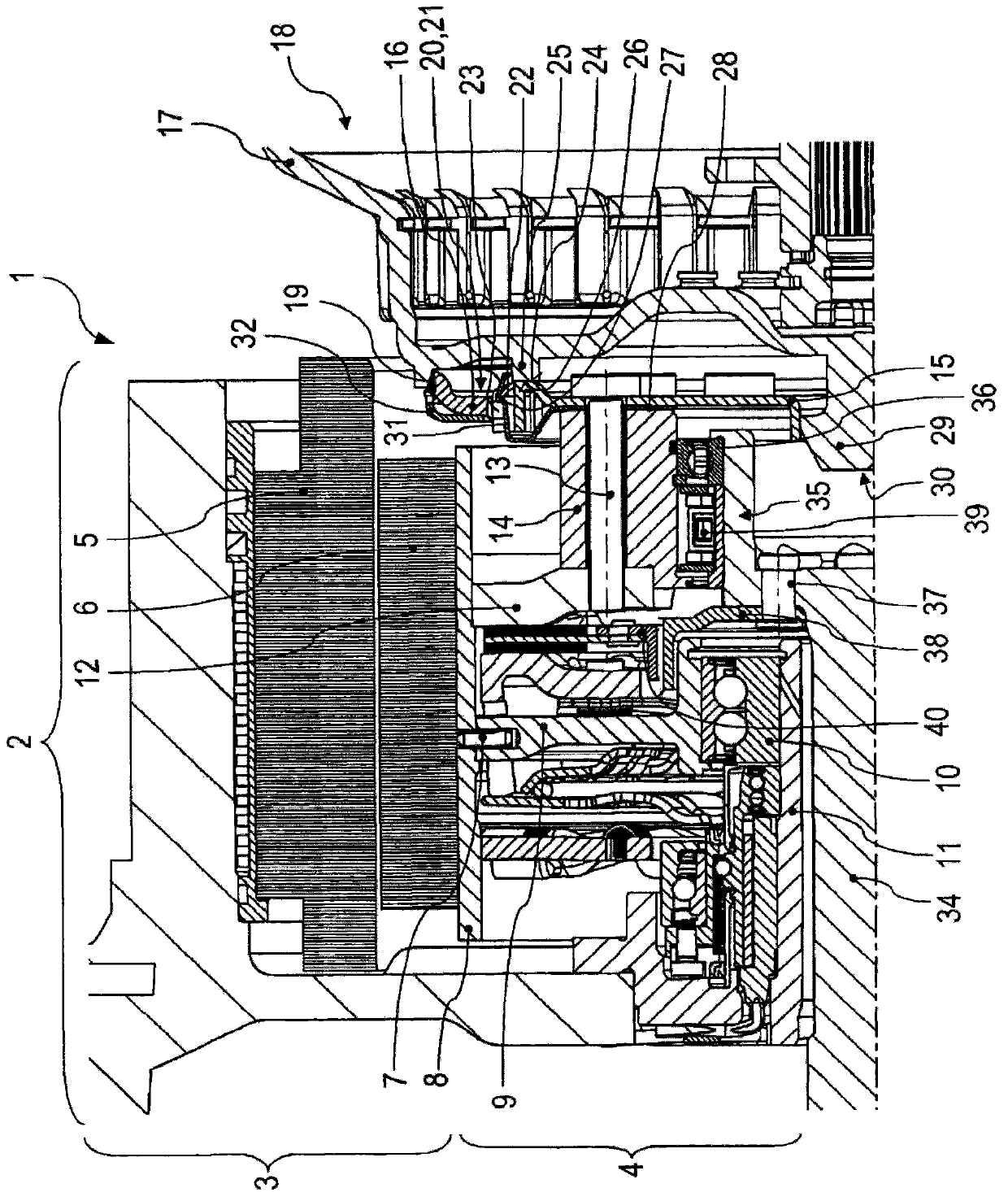 A torque transfer device connected with a torque converter with the aid of gear engagement