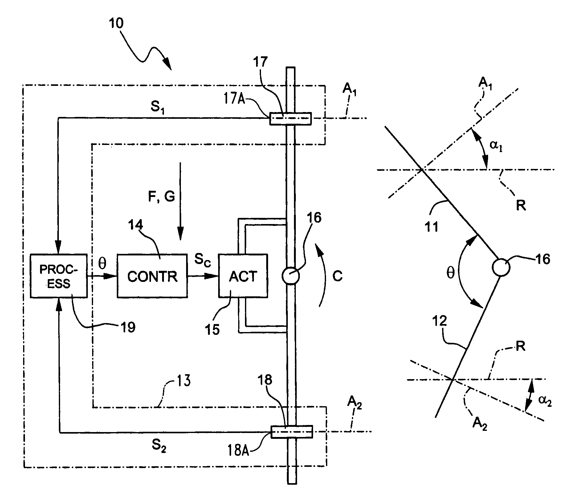 Device for measuring the relative angular position of two bodies with respect to a point, and articular prosthesis provided therewith