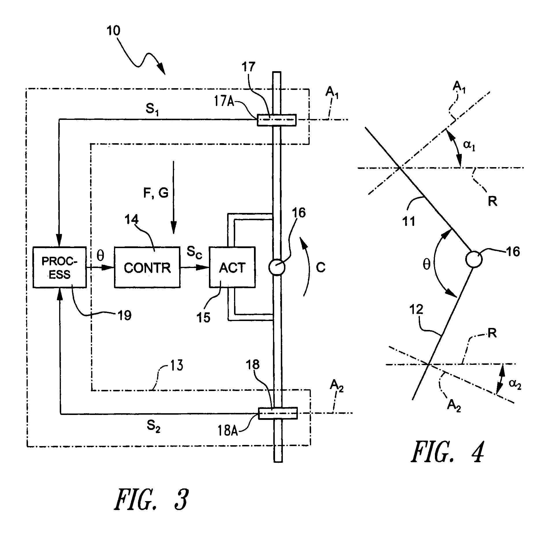 Device for measuring the relative angular position of two bodies with respect to a point, and articular prosthesis provided therewith