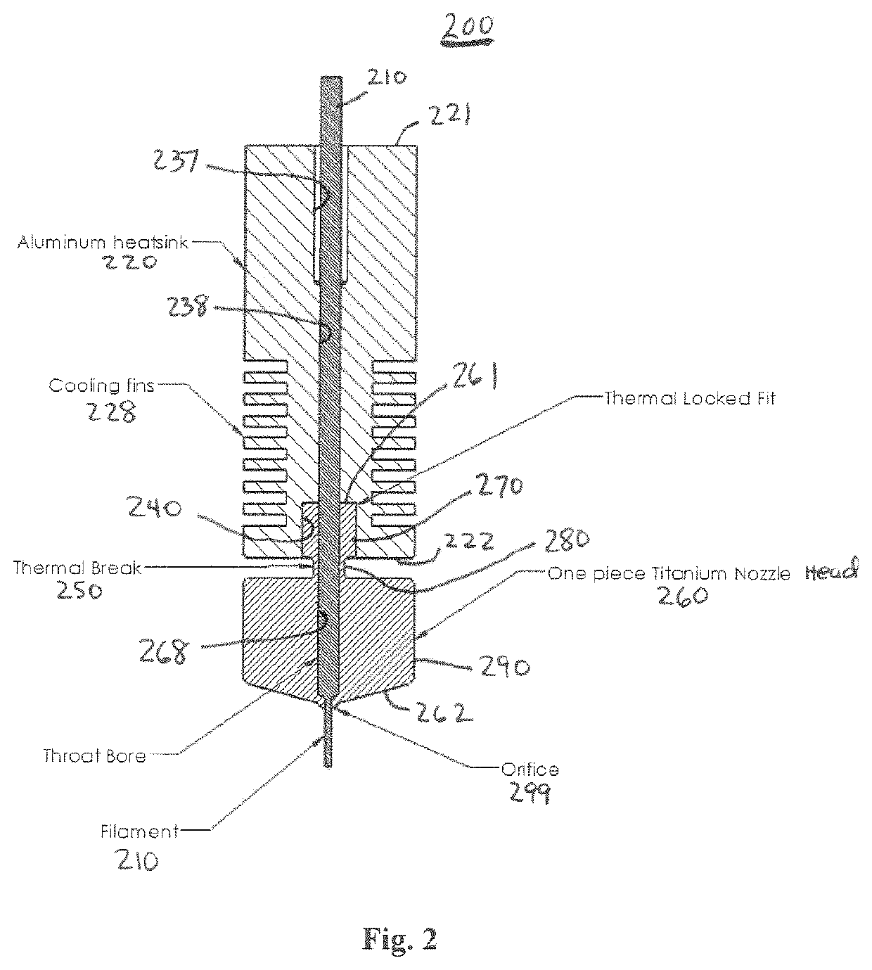 Nozzle system with monolithic nozzle head for fused filament fabrication additive manufacturing and method of manufacturing same