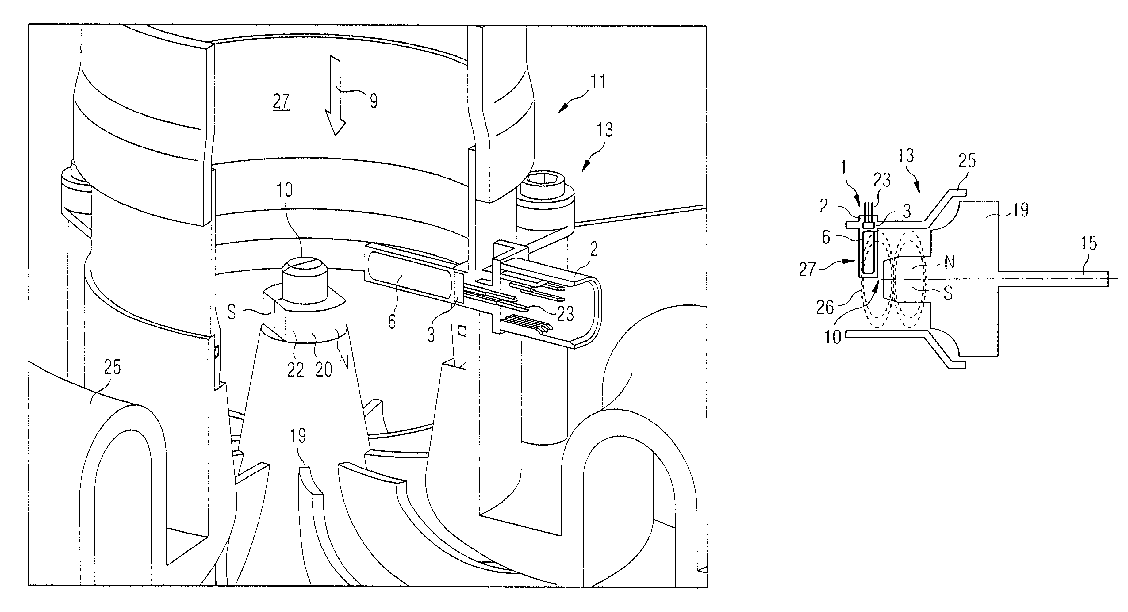 Magnetic field sensor for measuring the rotational speed of a turboshaft