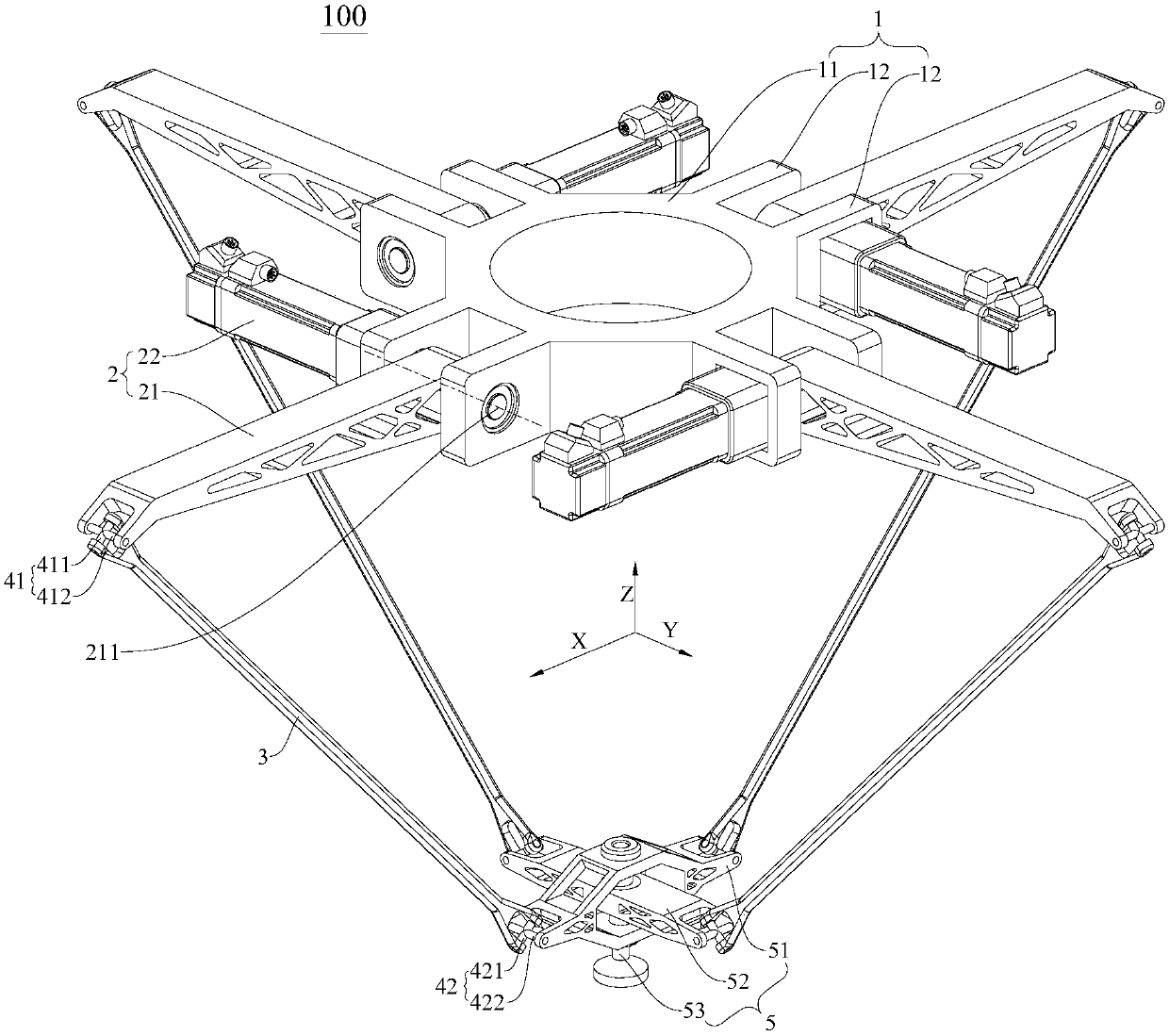 Four-degree-of-freedom parallel robot with double action platform structure