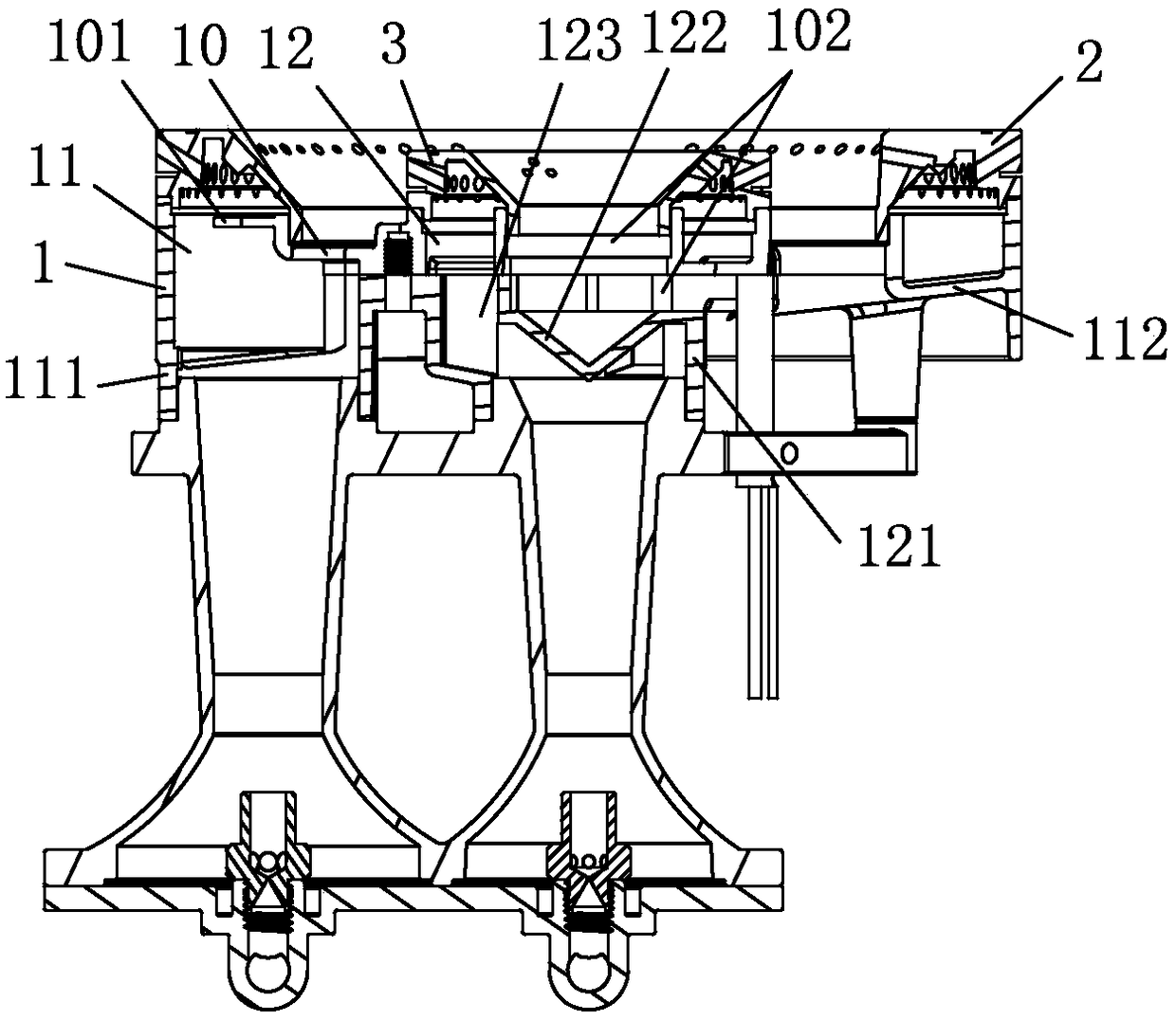 Fire distribution structure of two-cavity direct injection burner