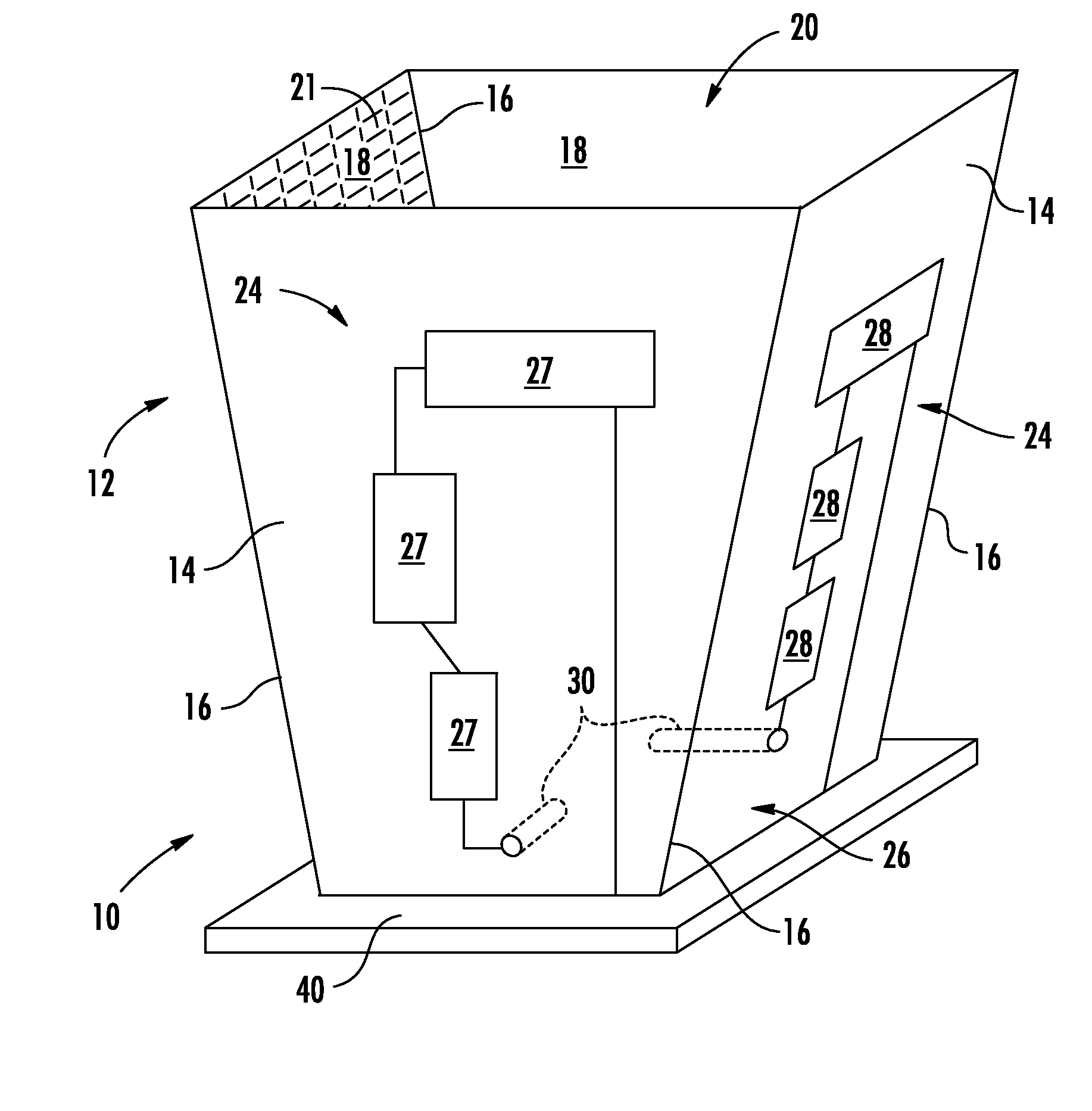 Horn antenna including integrated electronics and associated method