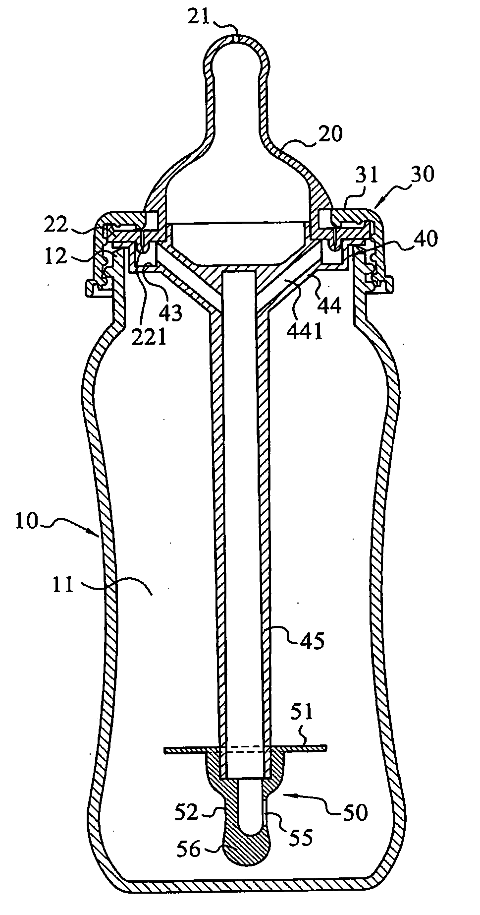 Liquid and air flow dividing arrangement for baby bottle