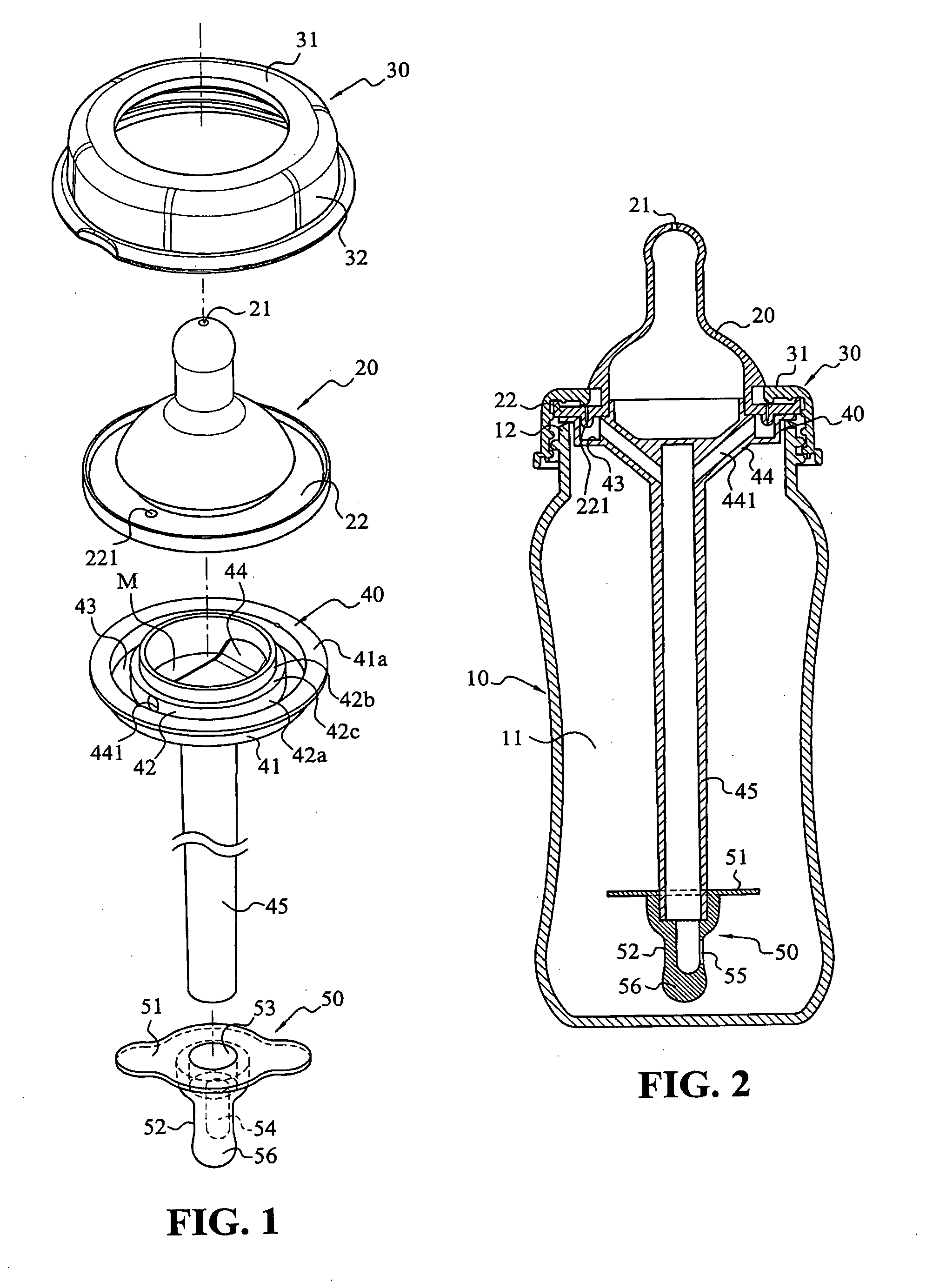 Liquid and air flow dividing arrangement for baby bottle