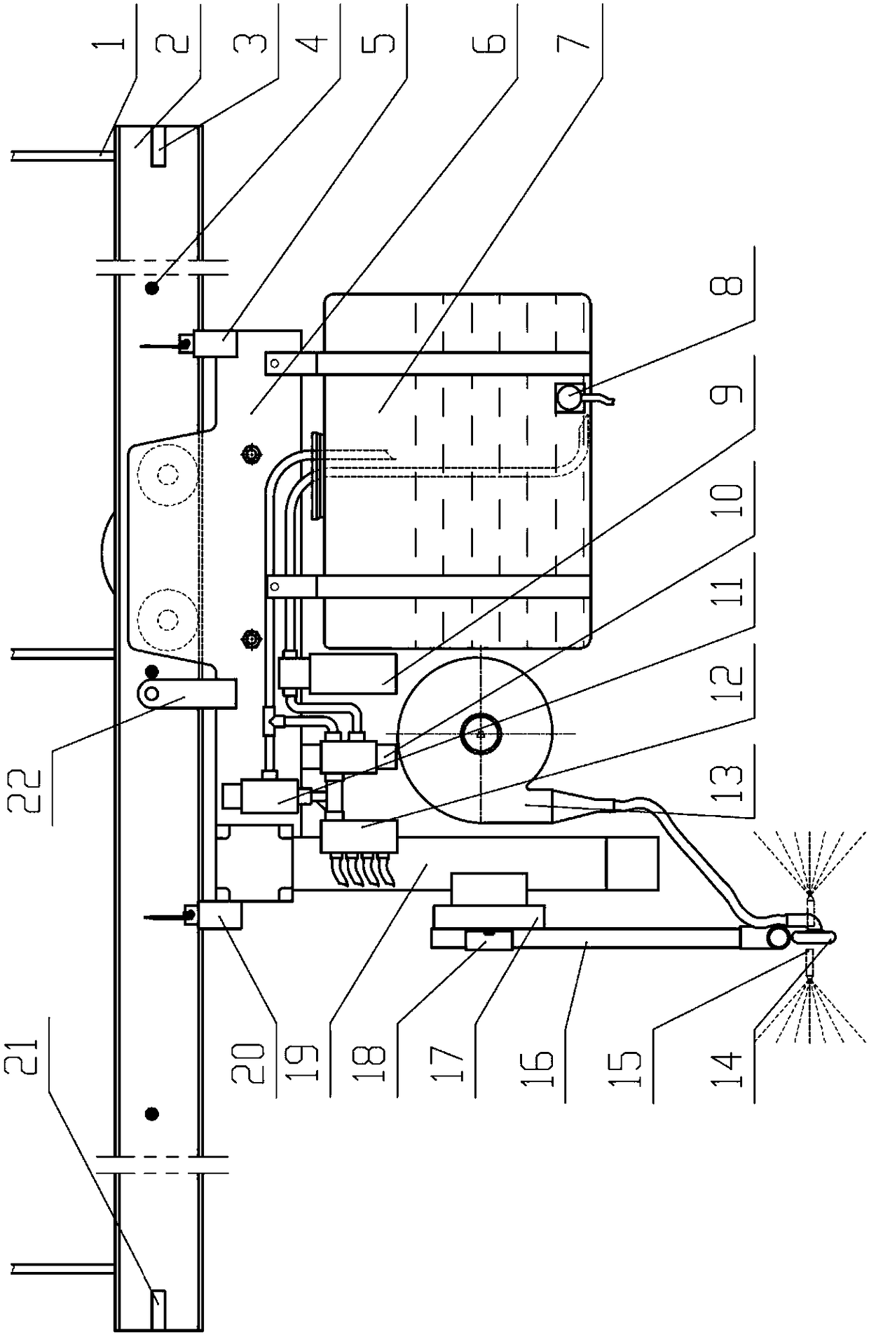 Railed self-propelled multimode automatic atomizing machine for greenhouses