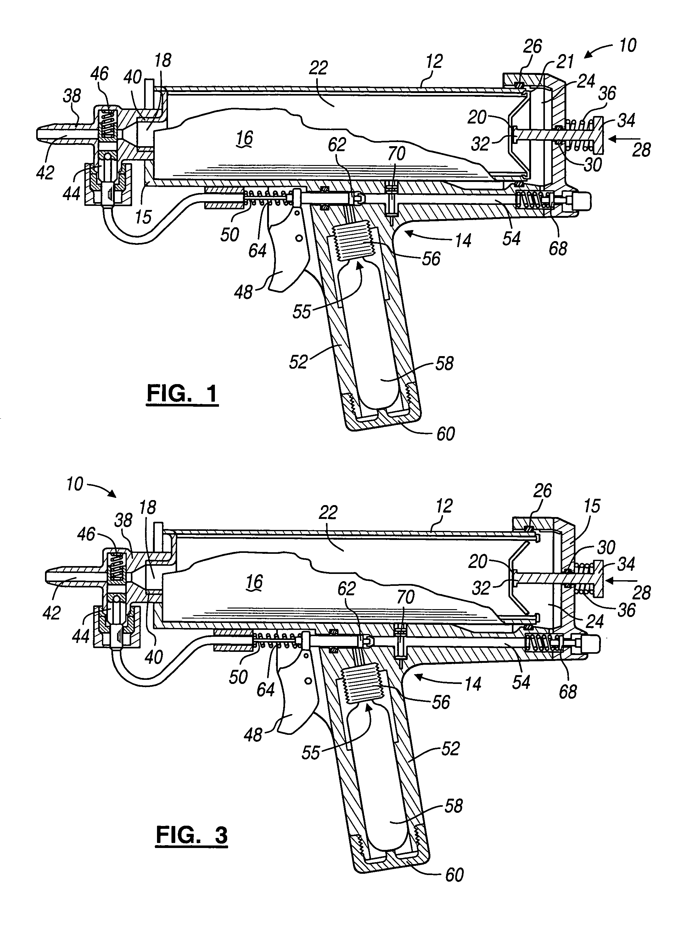 Pneumatic dispensing device with frangible seal breaker and method