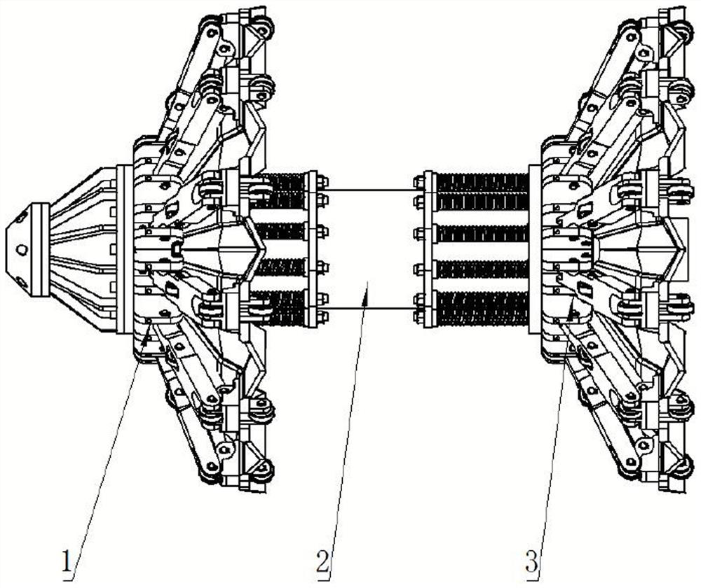 A traction device for a detector in a variable-diameter pipeline