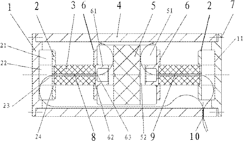 Temperature self-compensating double grating symmetrical push-pull type fiber grating vibrating sensor