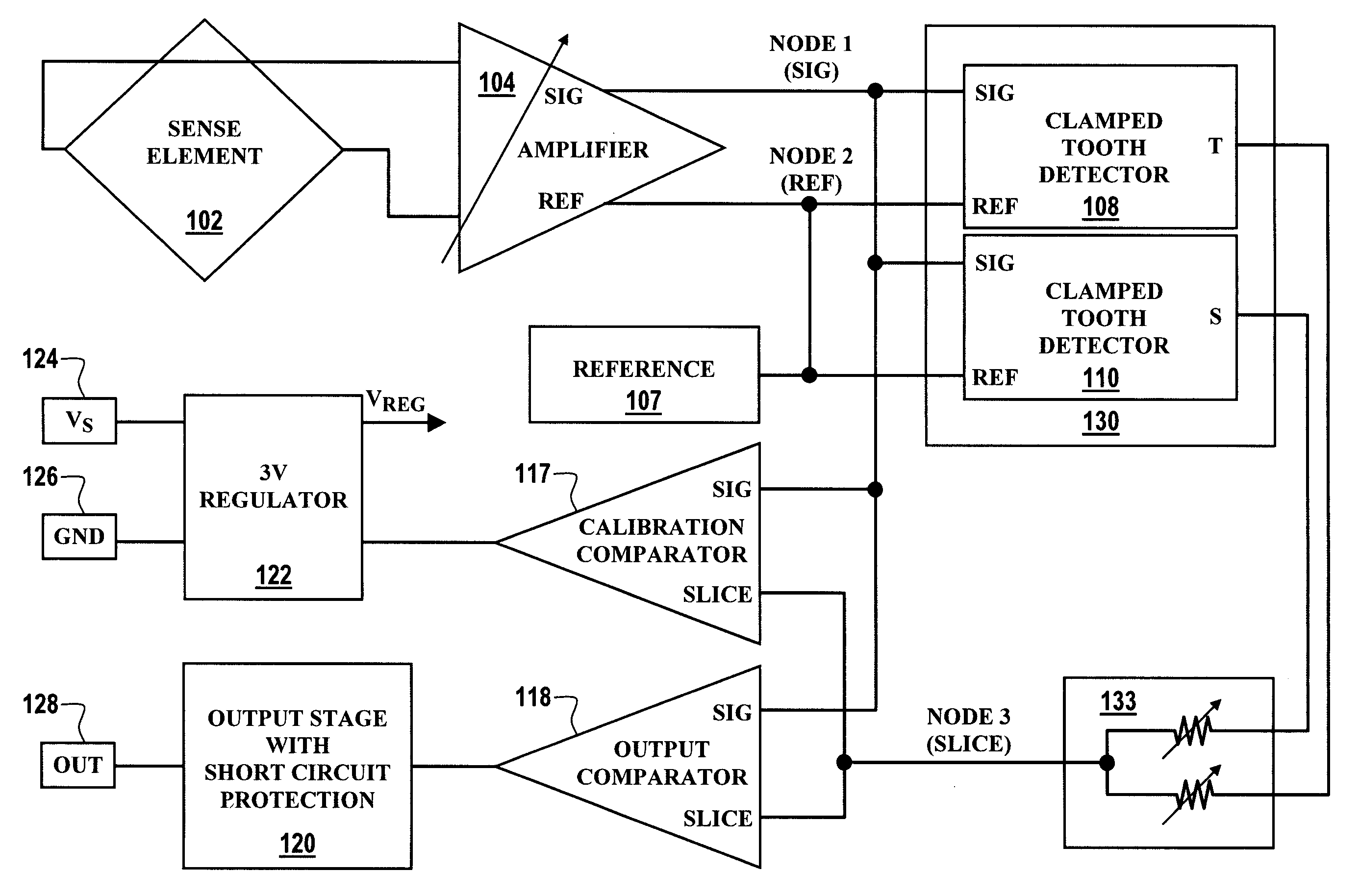 Adaptive geartooth sensor with dual peak detectors and true power on capability