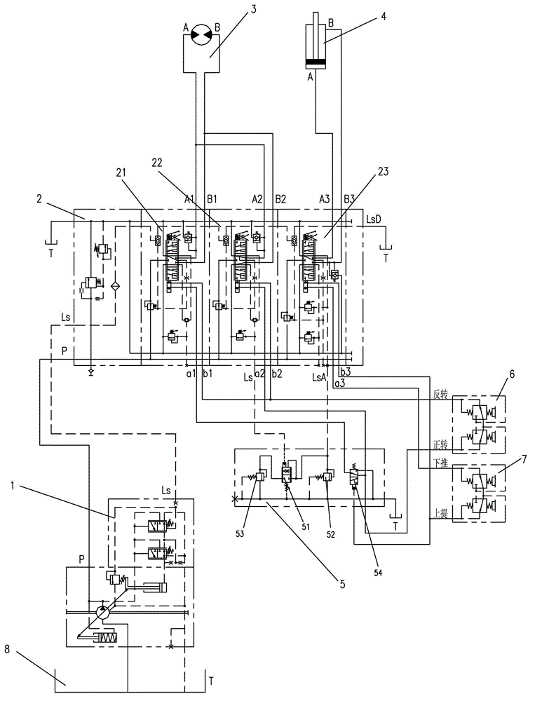 Single-pump hydraulic control loop of key drilling action of cutting drill rig