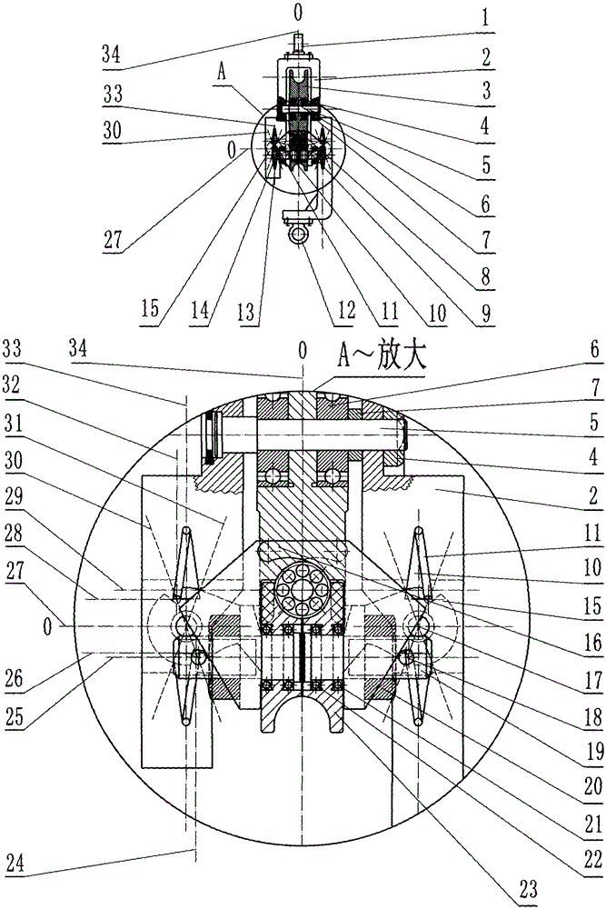 Hoist block with C-type springs carrying out clamping automatically when stressed and five wheels entering or exiting rapidly