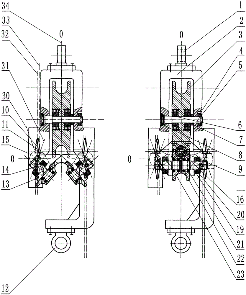 Hoist block with C-type springs carrying out clamping automatically when stressed and five wheels entering or exiting rapidly