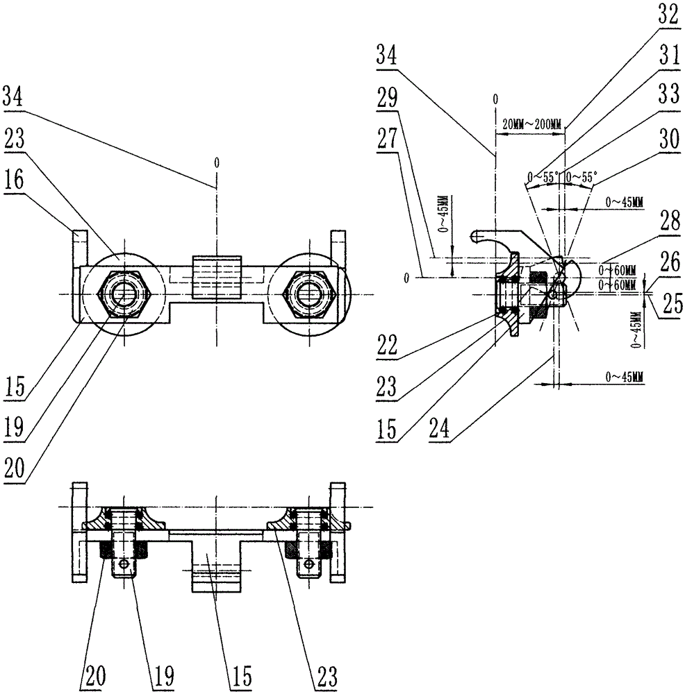 Hoist block with C-type springs carrying out clamping automatically when stressed and five wheels entering or exiting rapidly