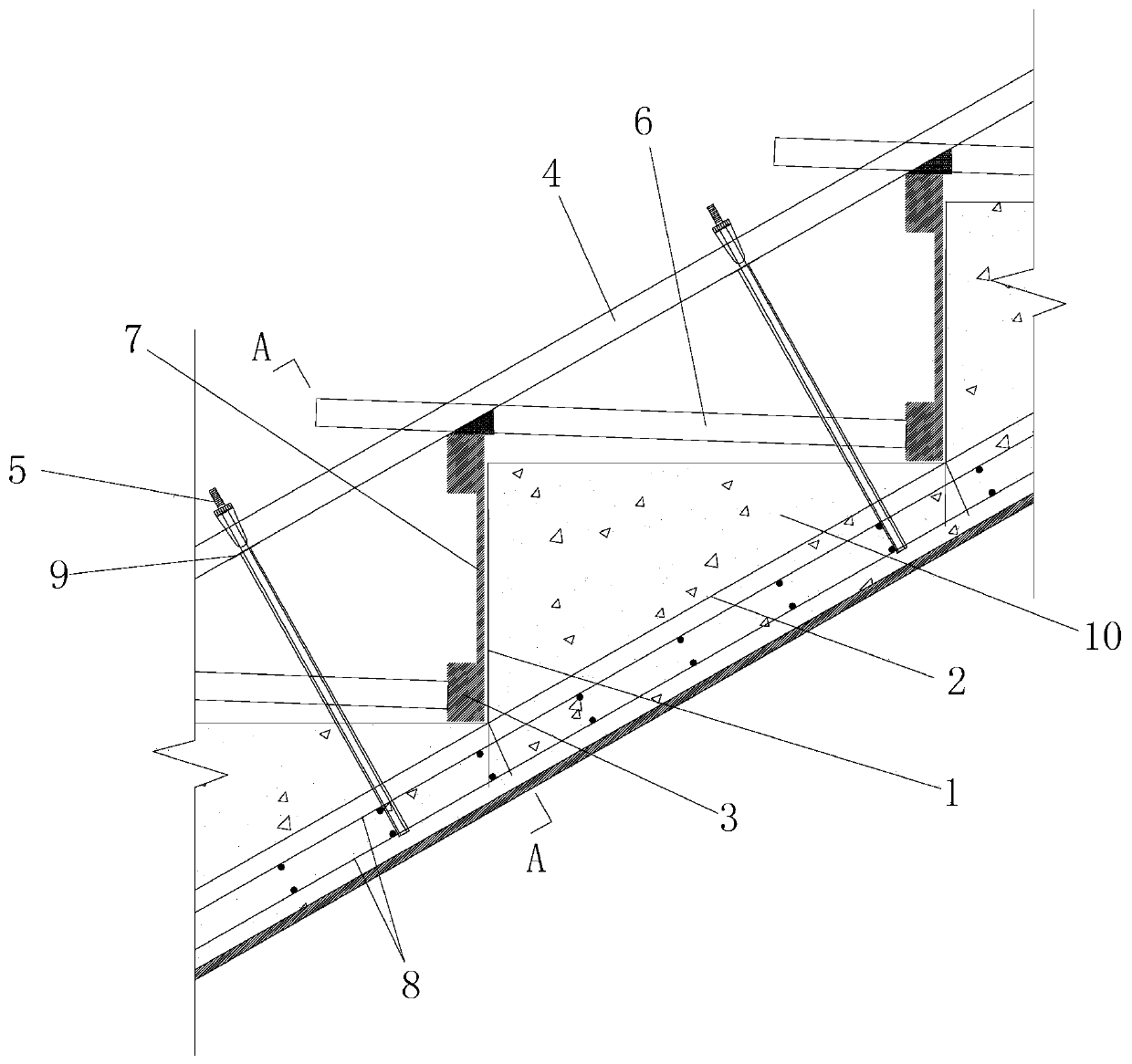 Stair inclined plate type stadium stand template reinforcement system and construction method thereof