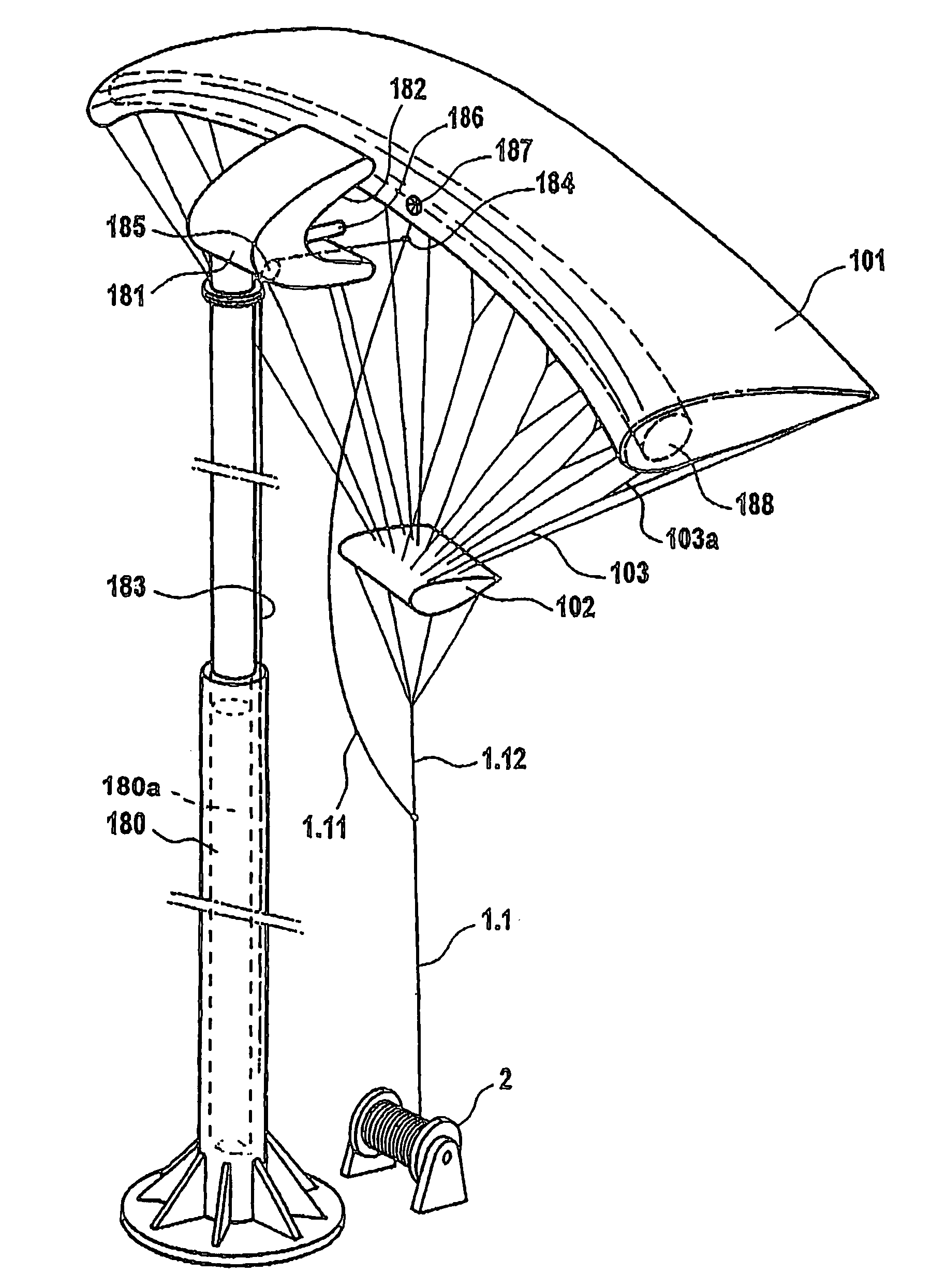 Placement system for a flying kite-type wind-attacked element in a wind-powered watercraft