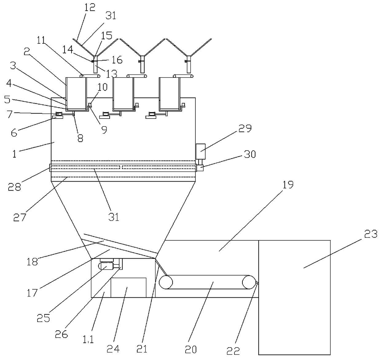 Automatic material weighing and agitating device for bubble blowing machine for glassware