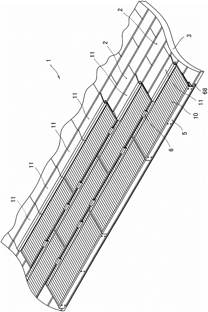 Roof structure, fixture for solar cell module, and method for installing solar cell module