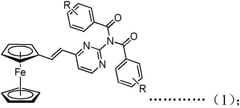 Ferrocenyl amide derivative containing pyrimidine ring and preparation method and appliation thereof