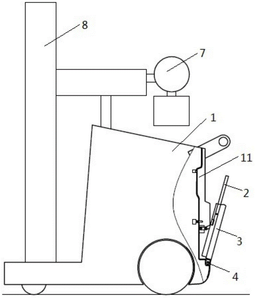 Tipping-bucket type charging device for flat panel detector on machine body of mobile X-ray machine