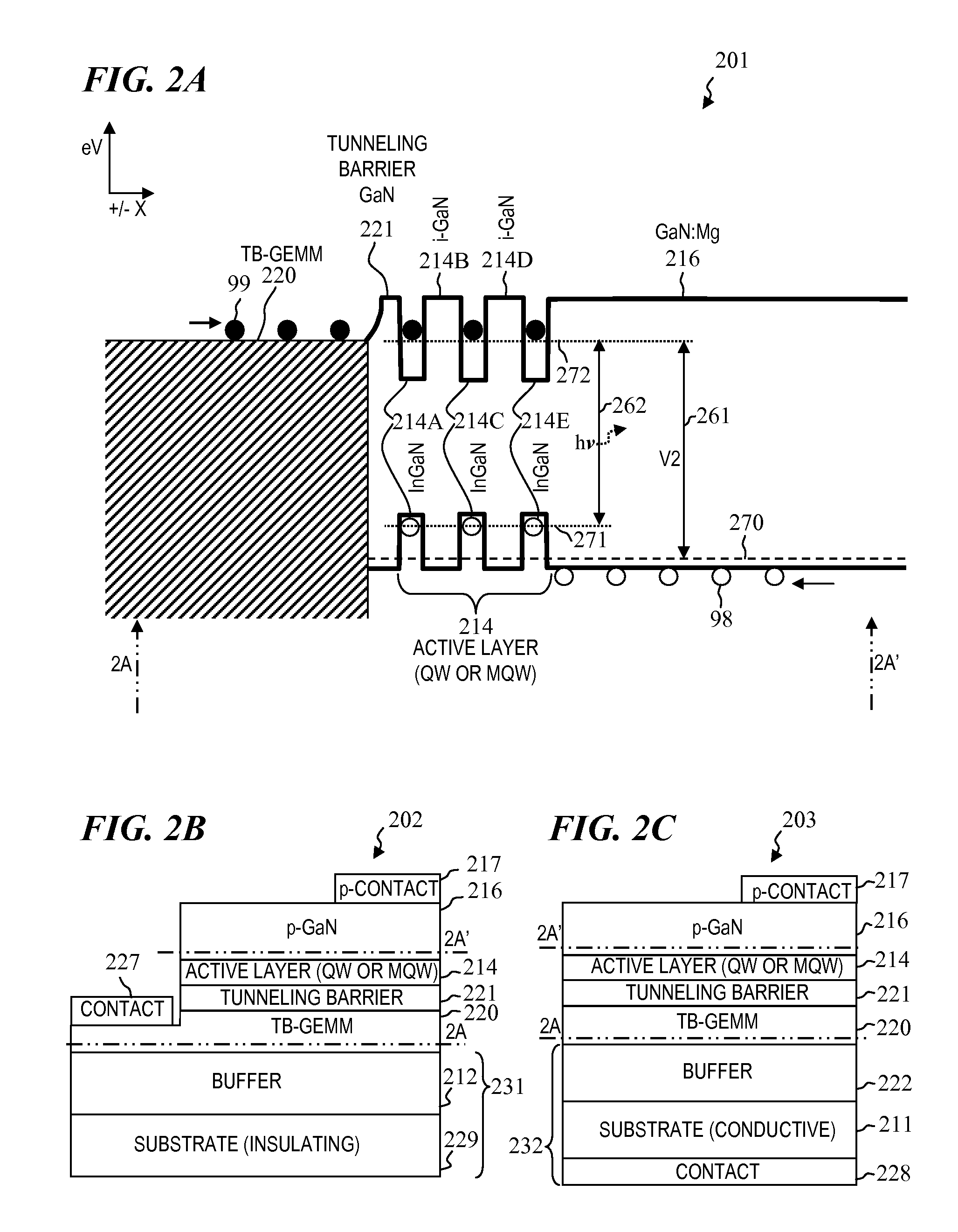 Current-injecting/tunneling light-emitting device and method