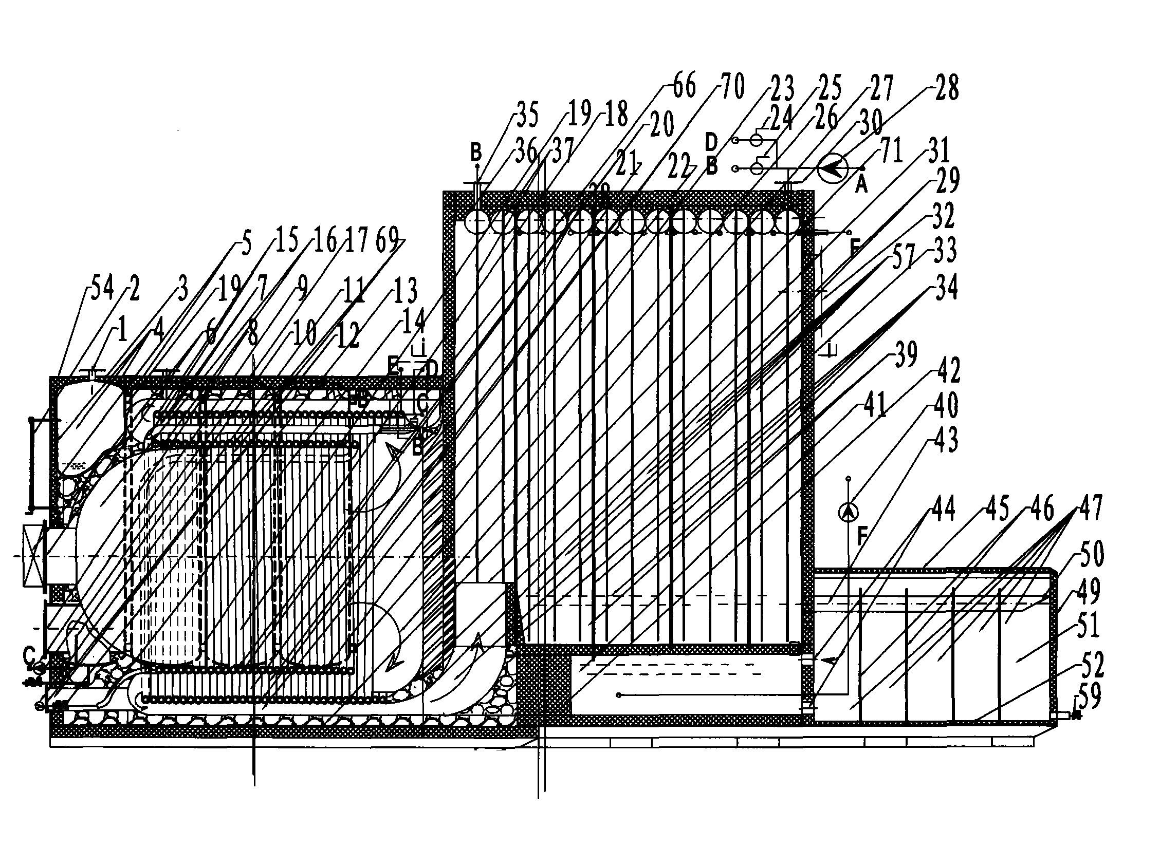 Scale-free direct-current gas boiler for heat pipe heat setting pool provided with double coils and furnace flue