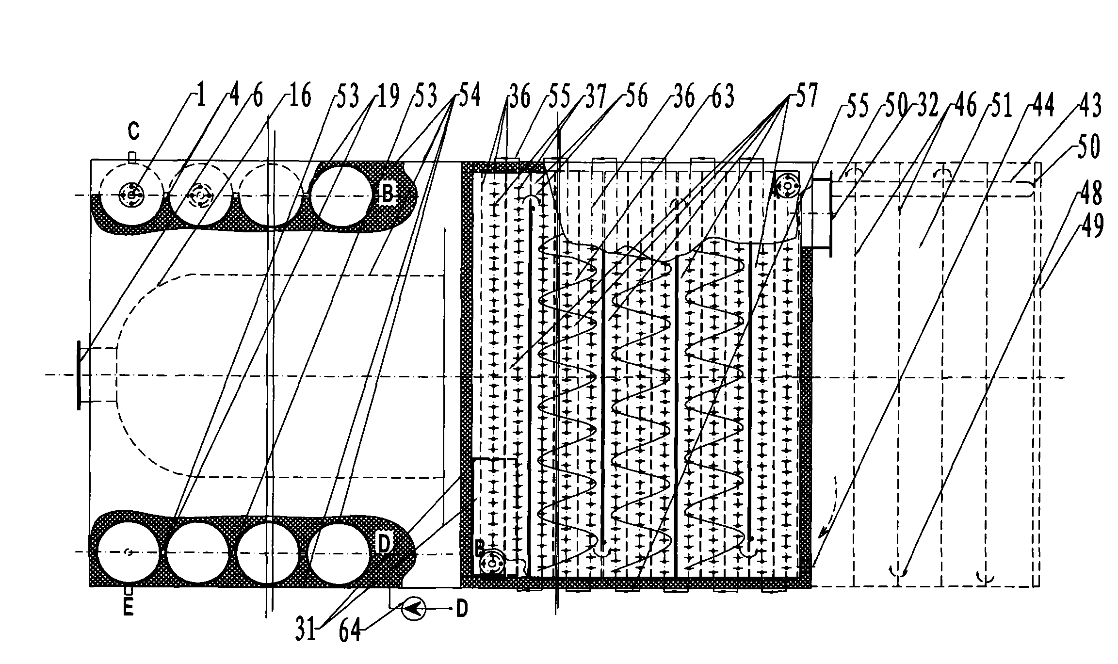 Scale-free direct-current gas boiler for heat pipe heat setting pool provided with double coils and furnace flue