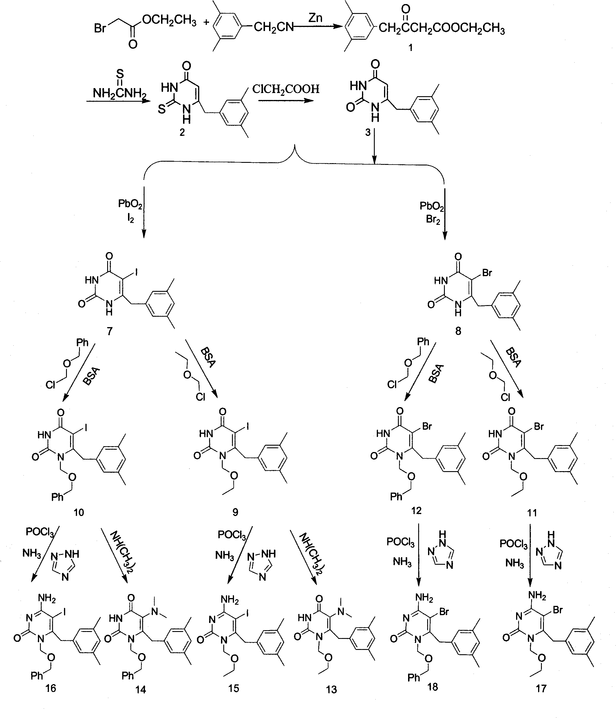 Preparation and application of novel 1-[(2-hydroxyethoxy)-methyl]-6-(phenylthio)thymine (HEPT) human immunodeficiency virus (HIV)-1 reverse transcriptase inhibitor