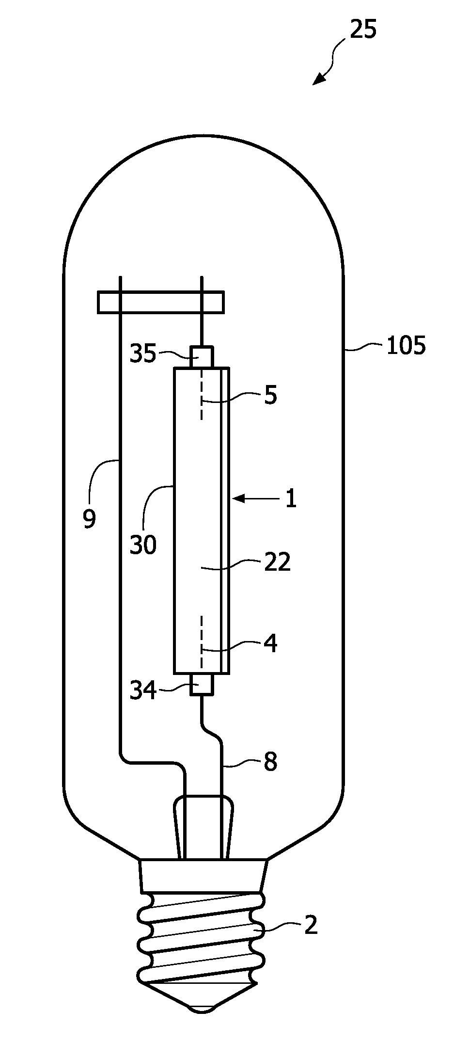 Metal halide lamp comprising an ionisable salt filling