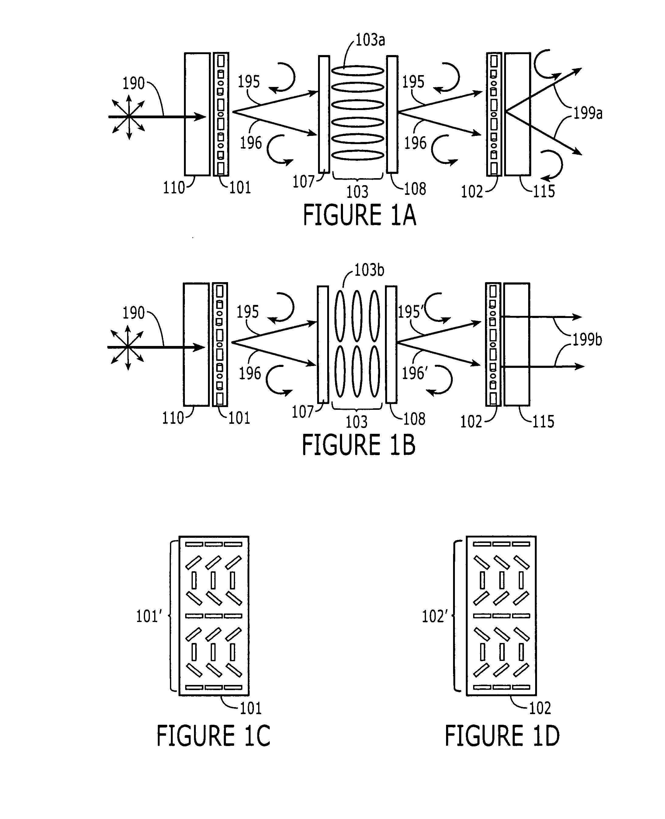 Polarization-Independent Liquid Crystal Display Devices Including Multiple Polarization Grating Arrangements and Related Devices