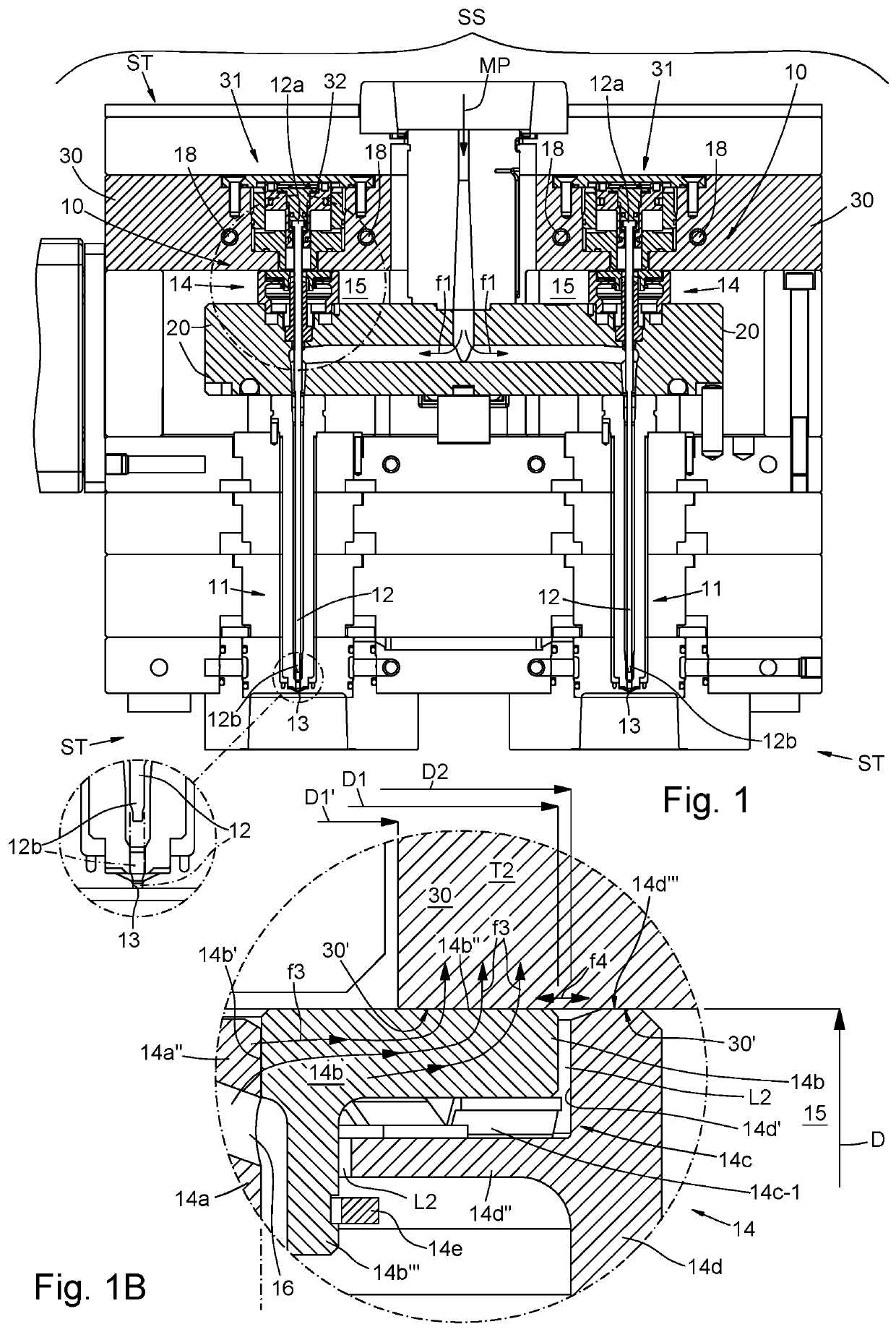 Injection unit, with closure pin, for the injection moulding of plastic material, with capacity to recover thermal dilatations and avoid leakage of the plastic material