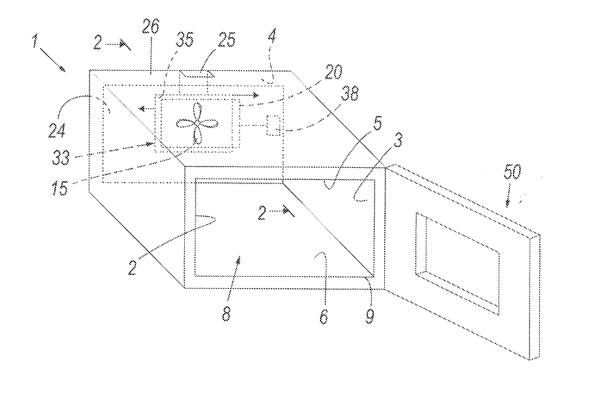 Oven provided with aperture for air entry into its cavity