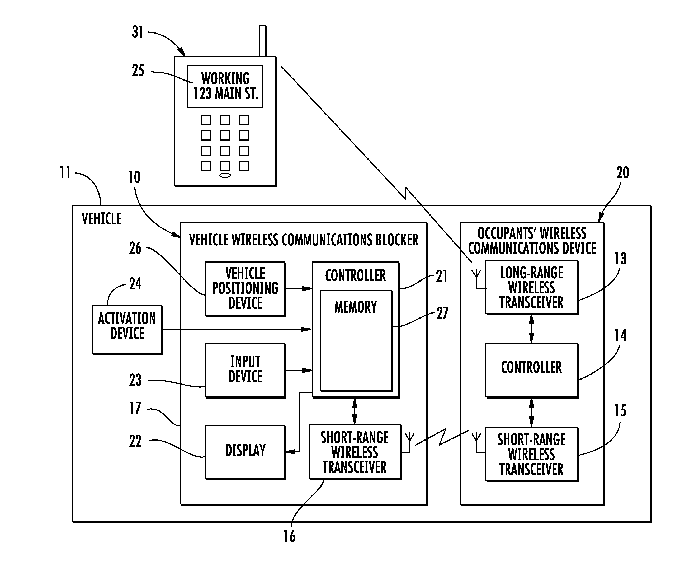 Mobile wireless communications device blocker and associated methods