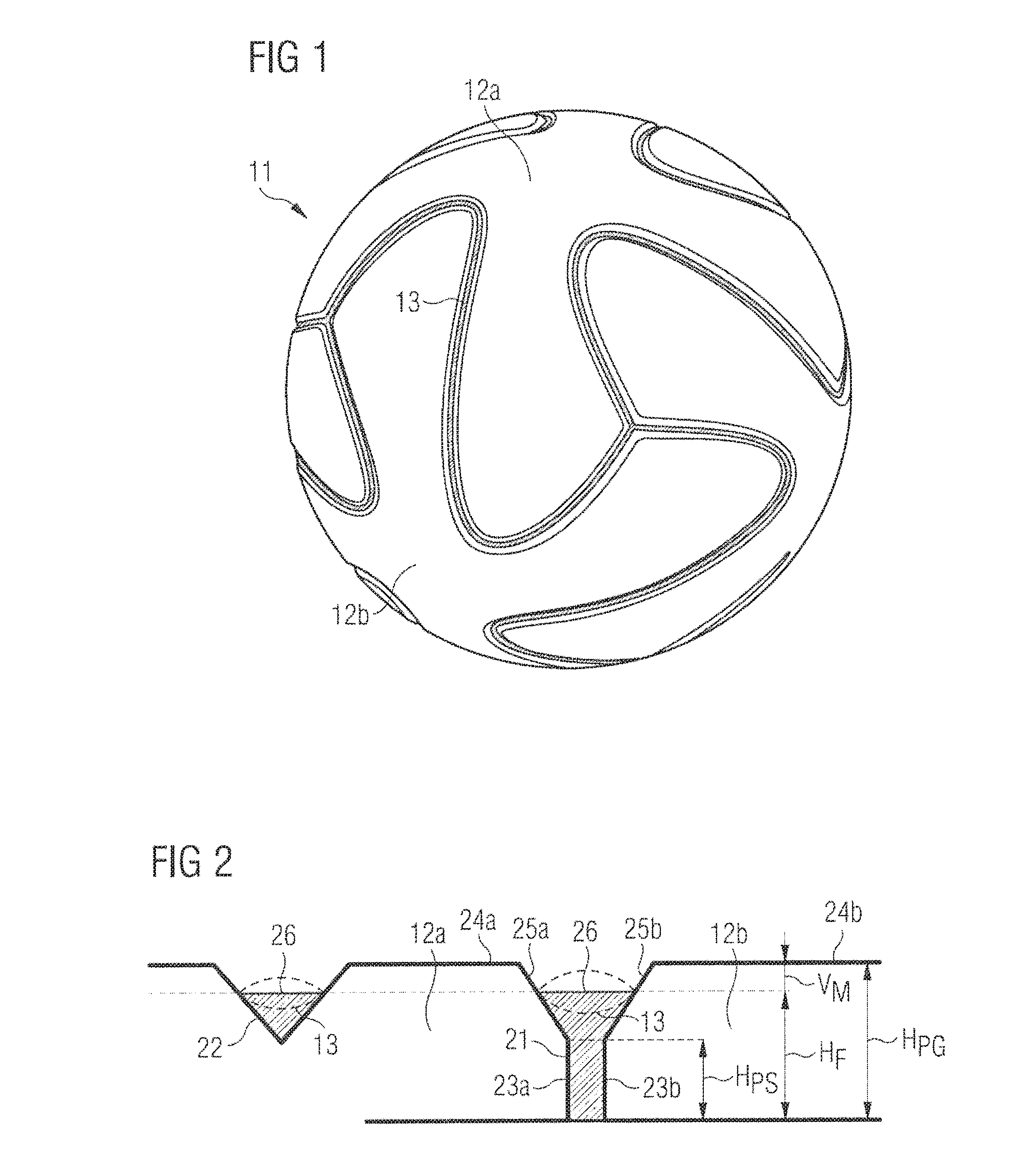 Ball, in particular a soccer ball, and method of manufacturing a ball