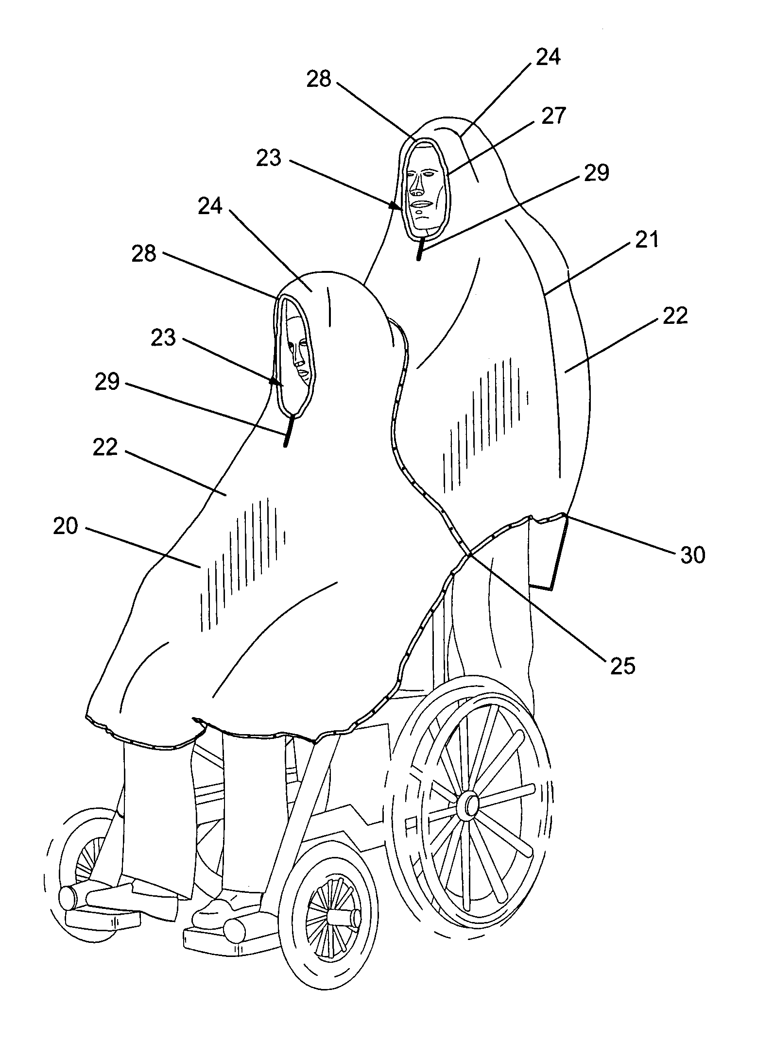 Combined multi-person and wheelchair protective covering and associated method