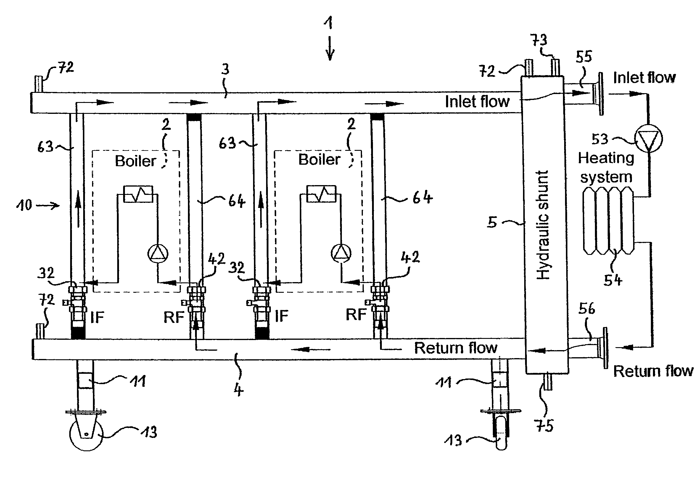 Cascade unit for a heating system with two or more heating boilers