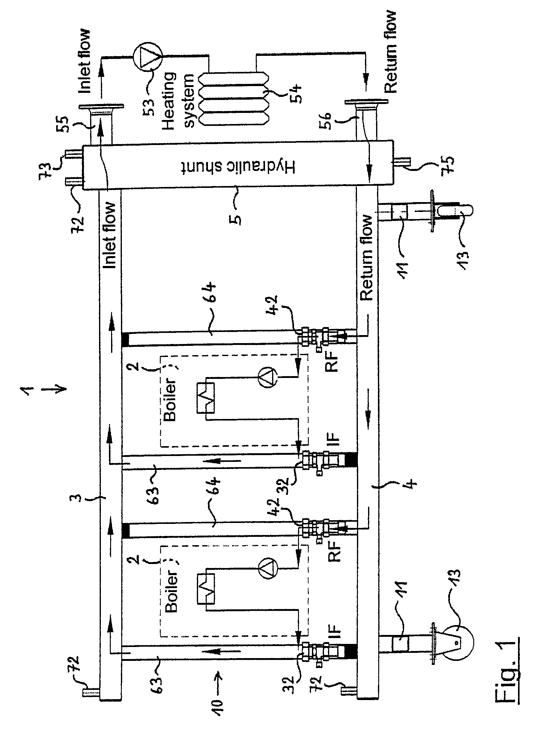 Cascade unit for a heating system with two or more heating boilers