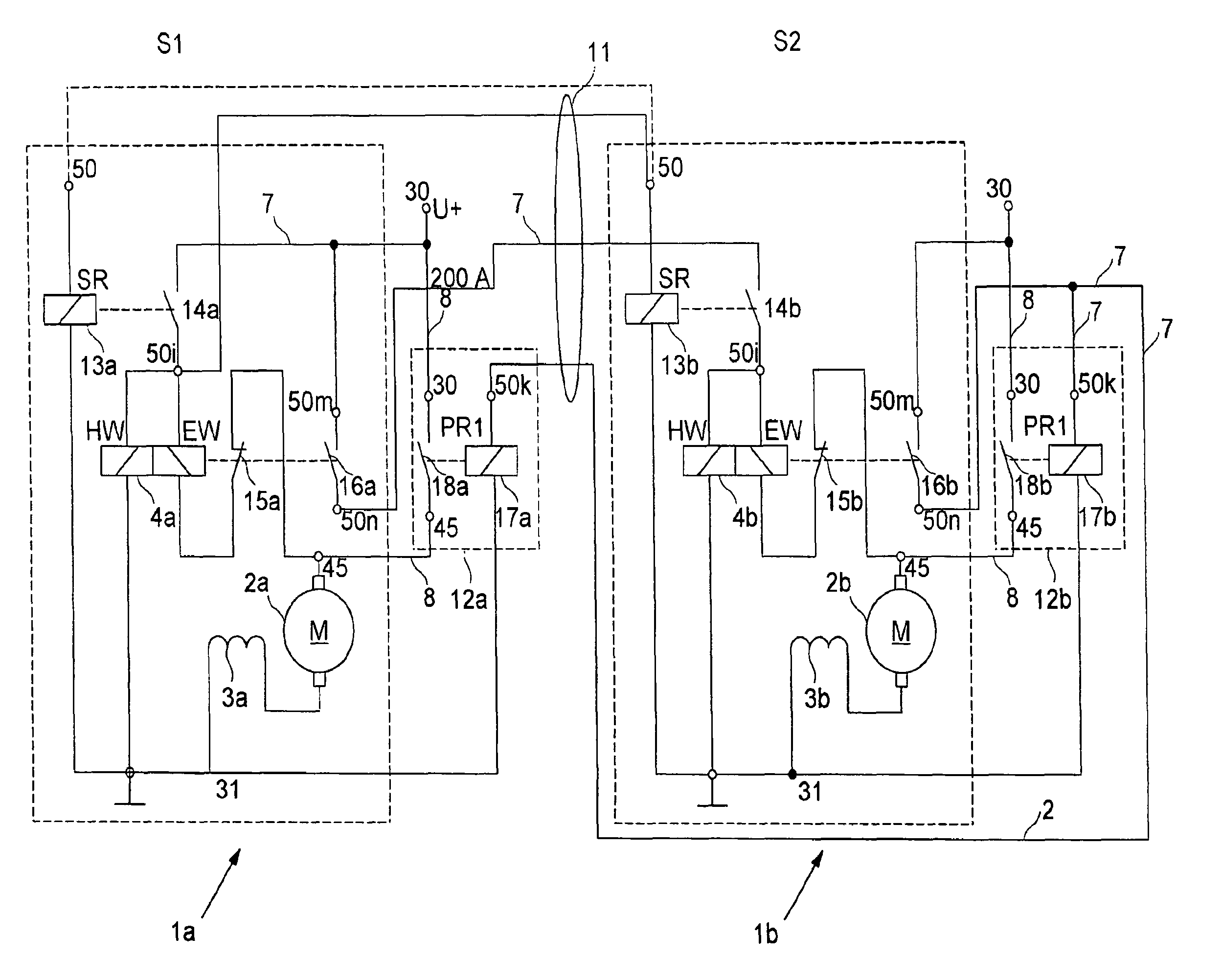 Parallel starting system having a low wiring expenditure