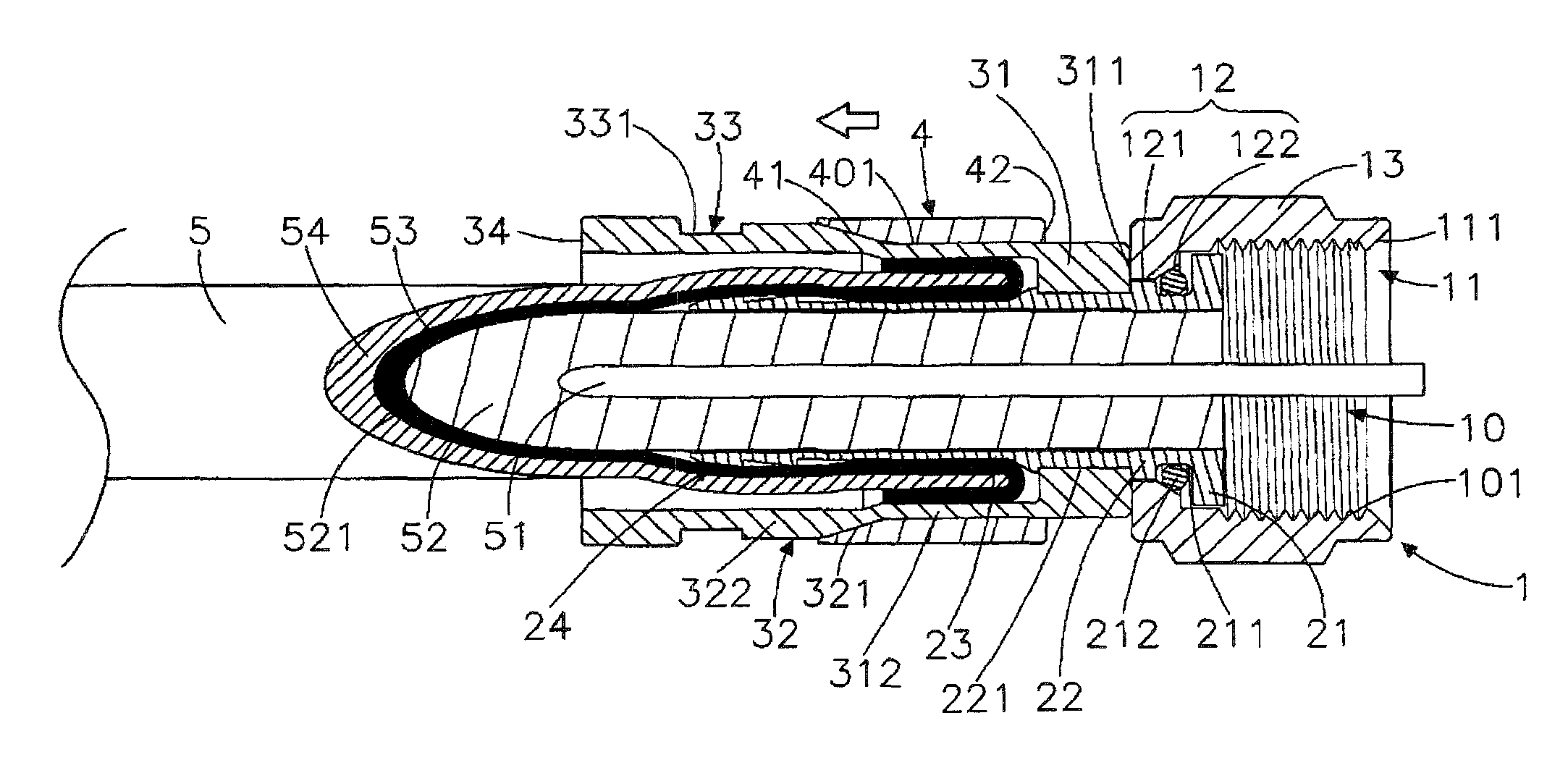 Coaxial cable connector having a barrel to deform a portion of a casing for crimping a coaxial cable