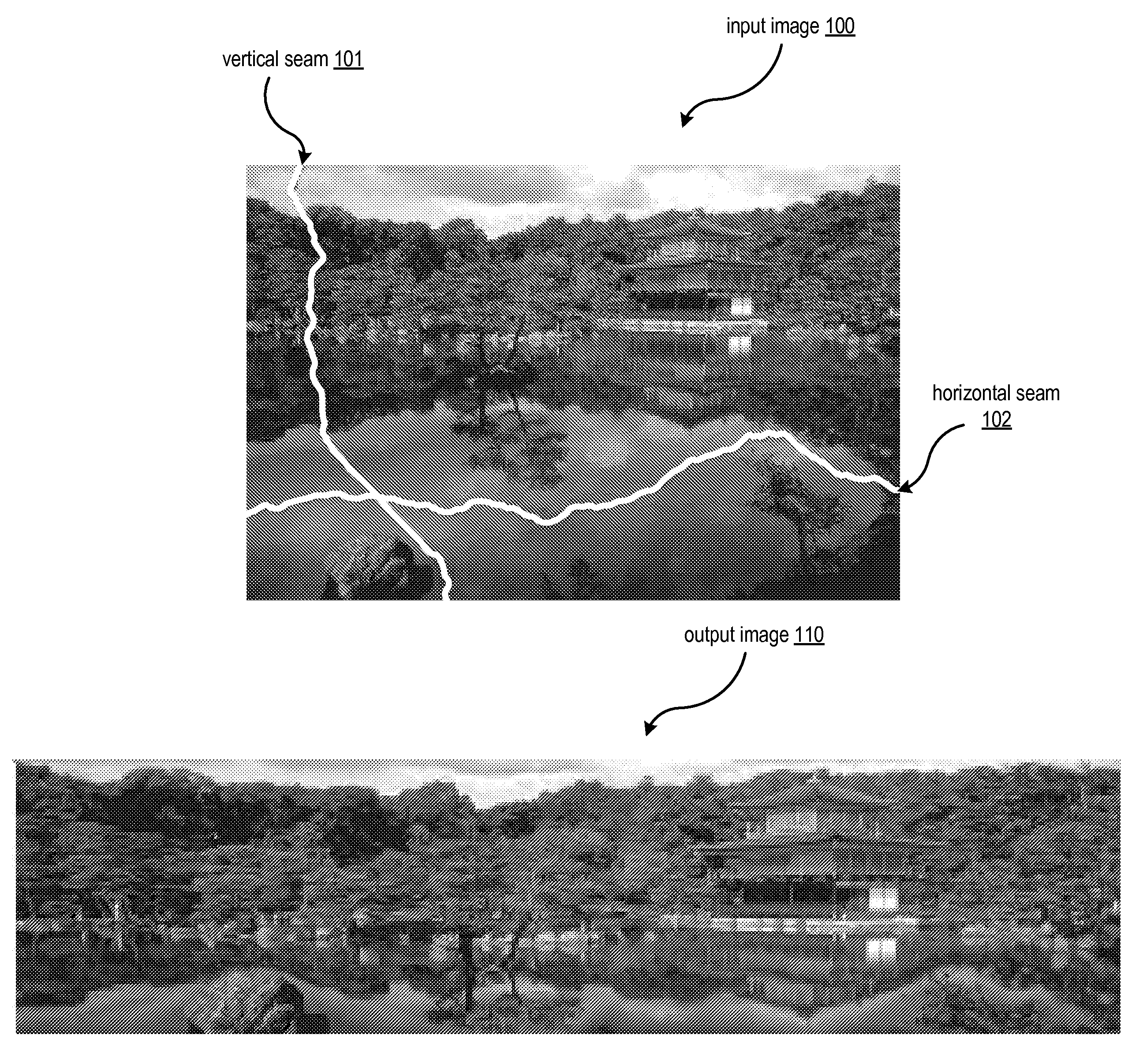 Seam-based reduction and expansion of images with table-based priority