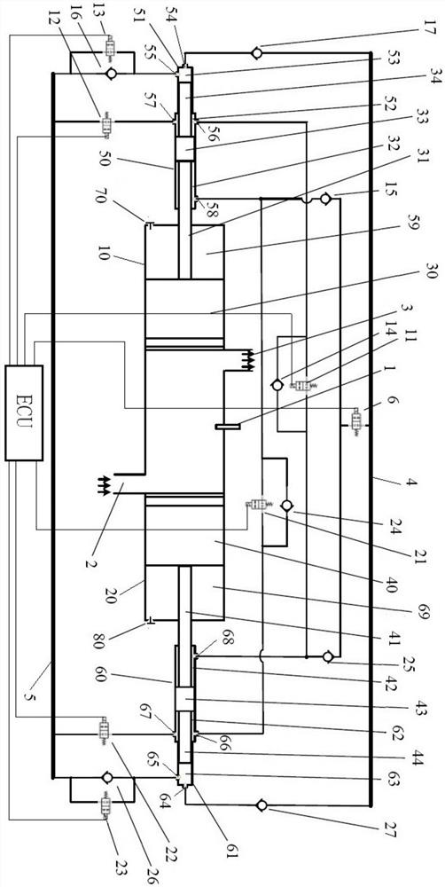 Opposed hydraulic free piston engine with hydraulic synchronizing mechanism and driving method of opposed hydraulic free piston engine.