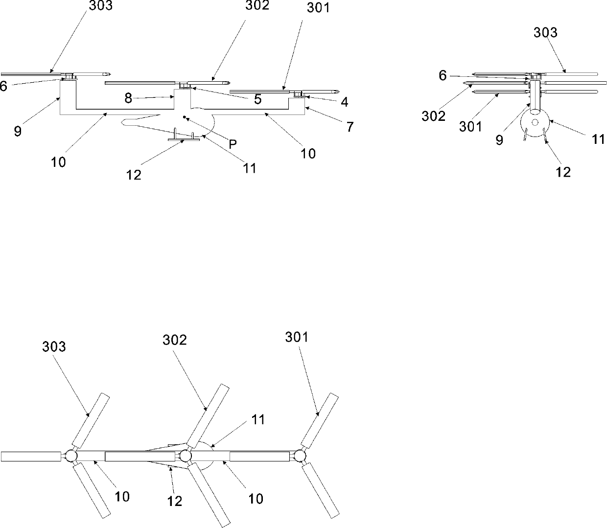 Unequal-radius tandem three-rotor helicopter