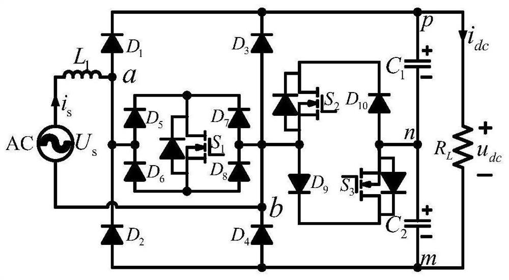 Single-phase three-level power factor correction circuit with asymmetric novel T-shaped bridges