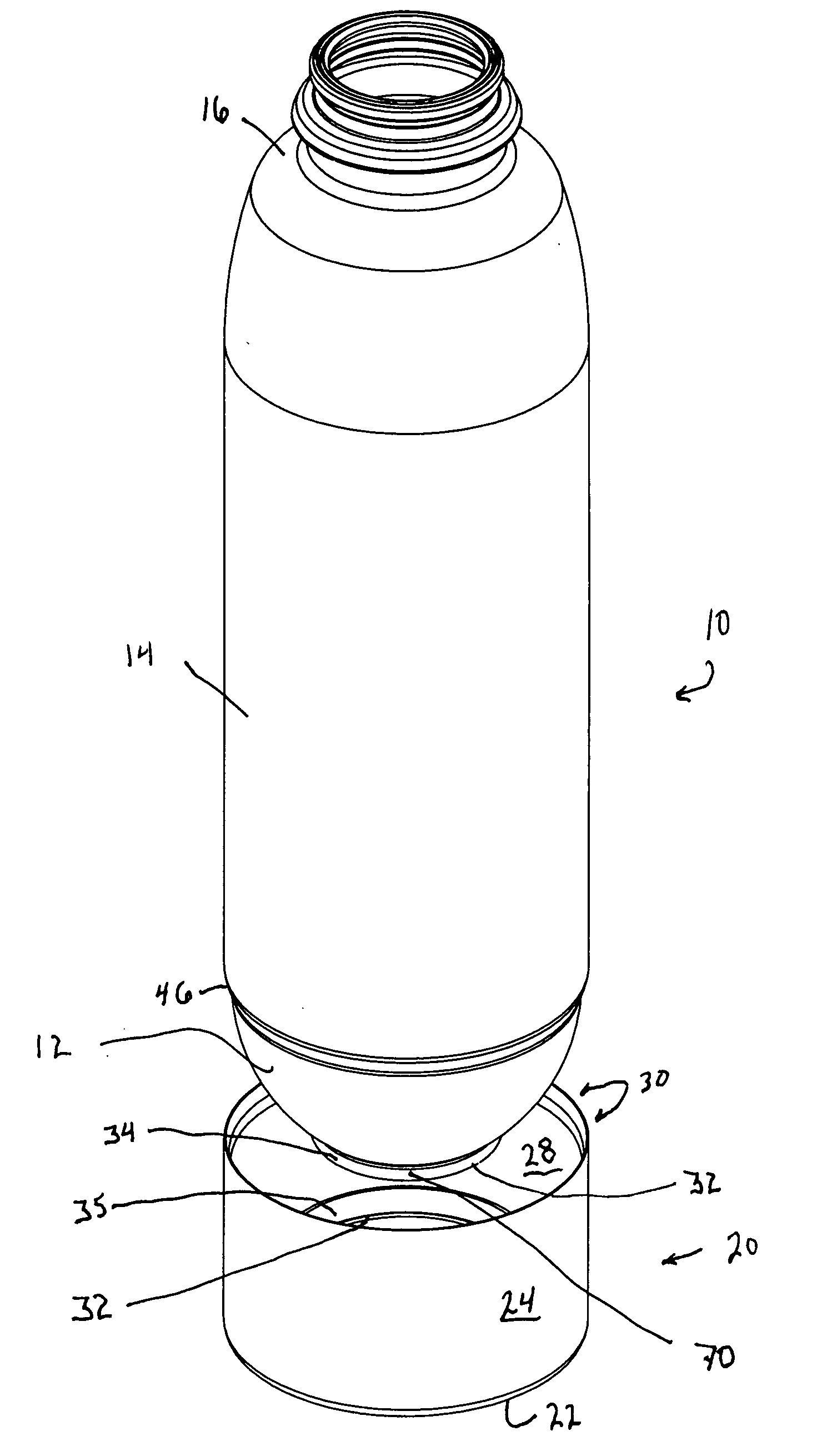 Supportable pressurizable container having a bottom for receiving a dip tube and base cup therefor