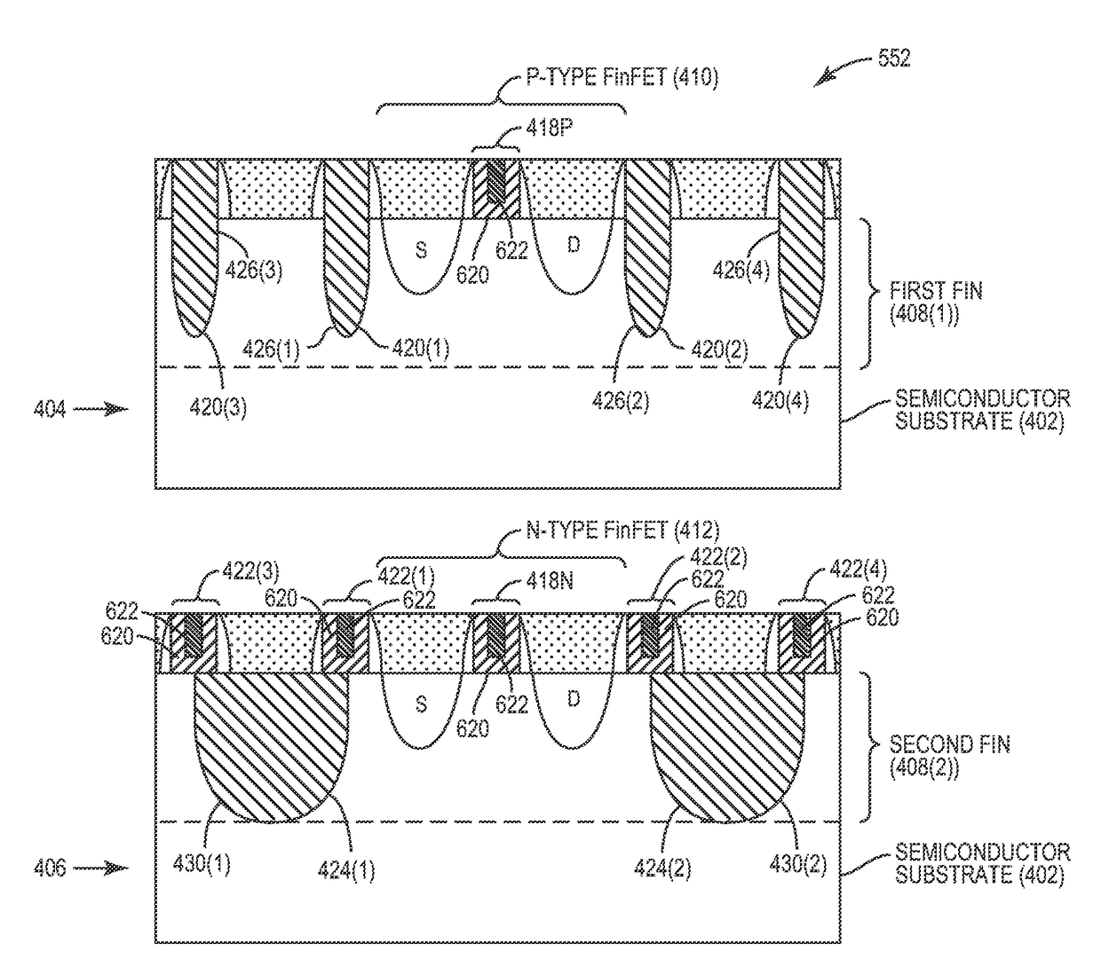 Fin field effect transistor (FET) (finfet) complementary metal oxide semiconductor (CMOS) circuits employing single and double diffusion breaks for increased performance