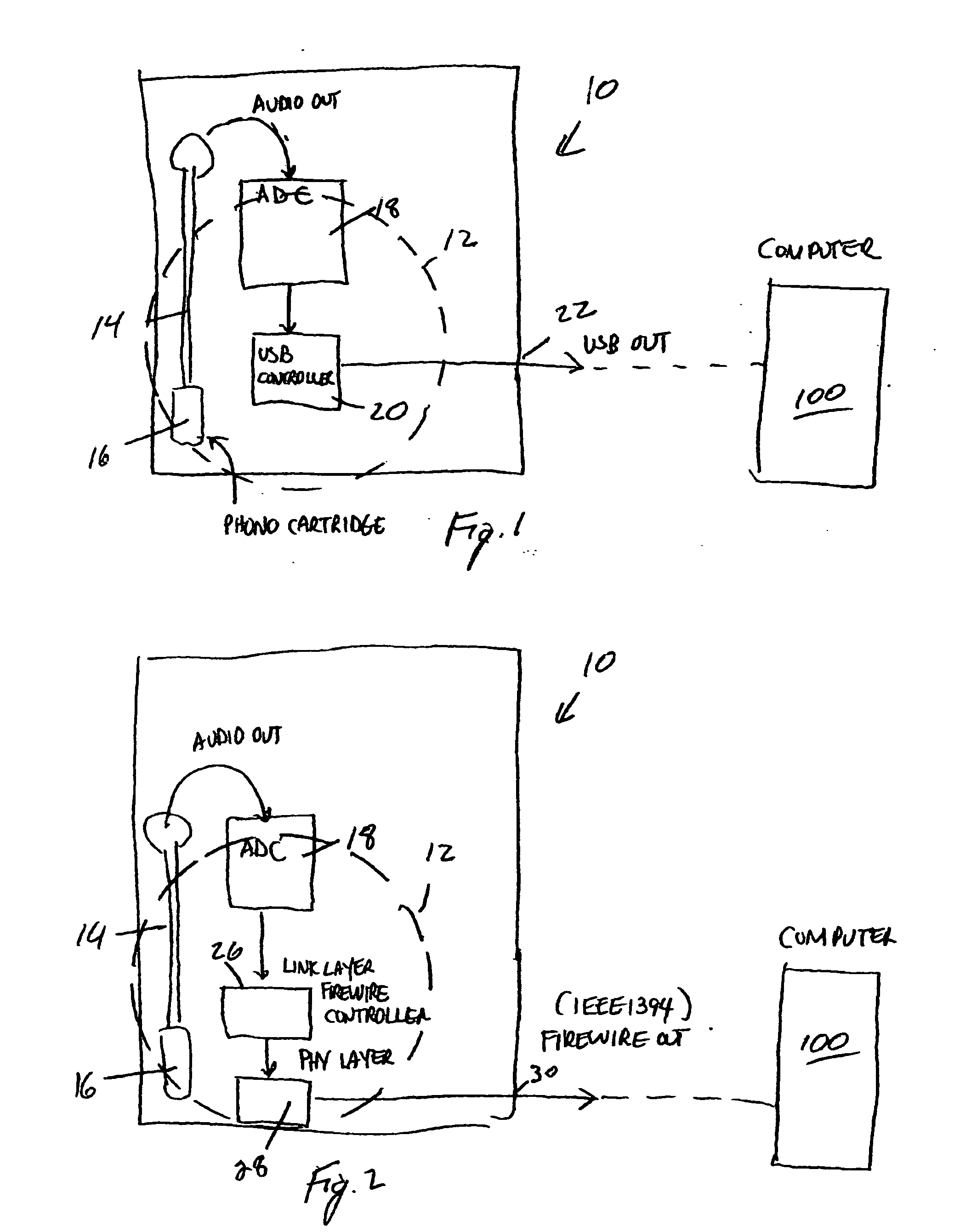 Phonographic turntable with built-in audio to USB or firewire device