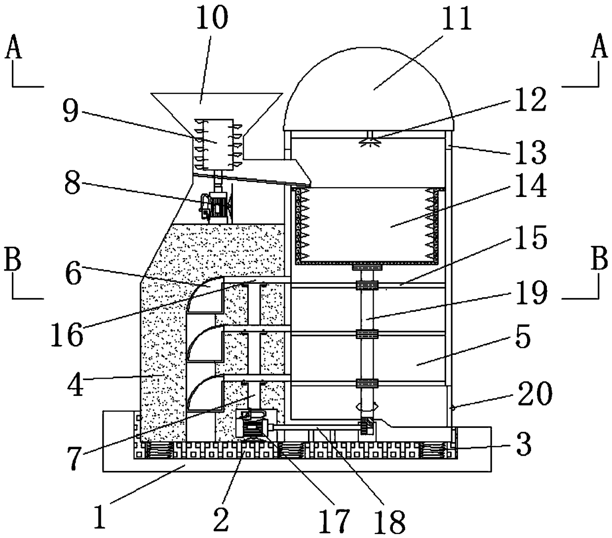 Ink raw material crushing and screening device capable of vibration reduction