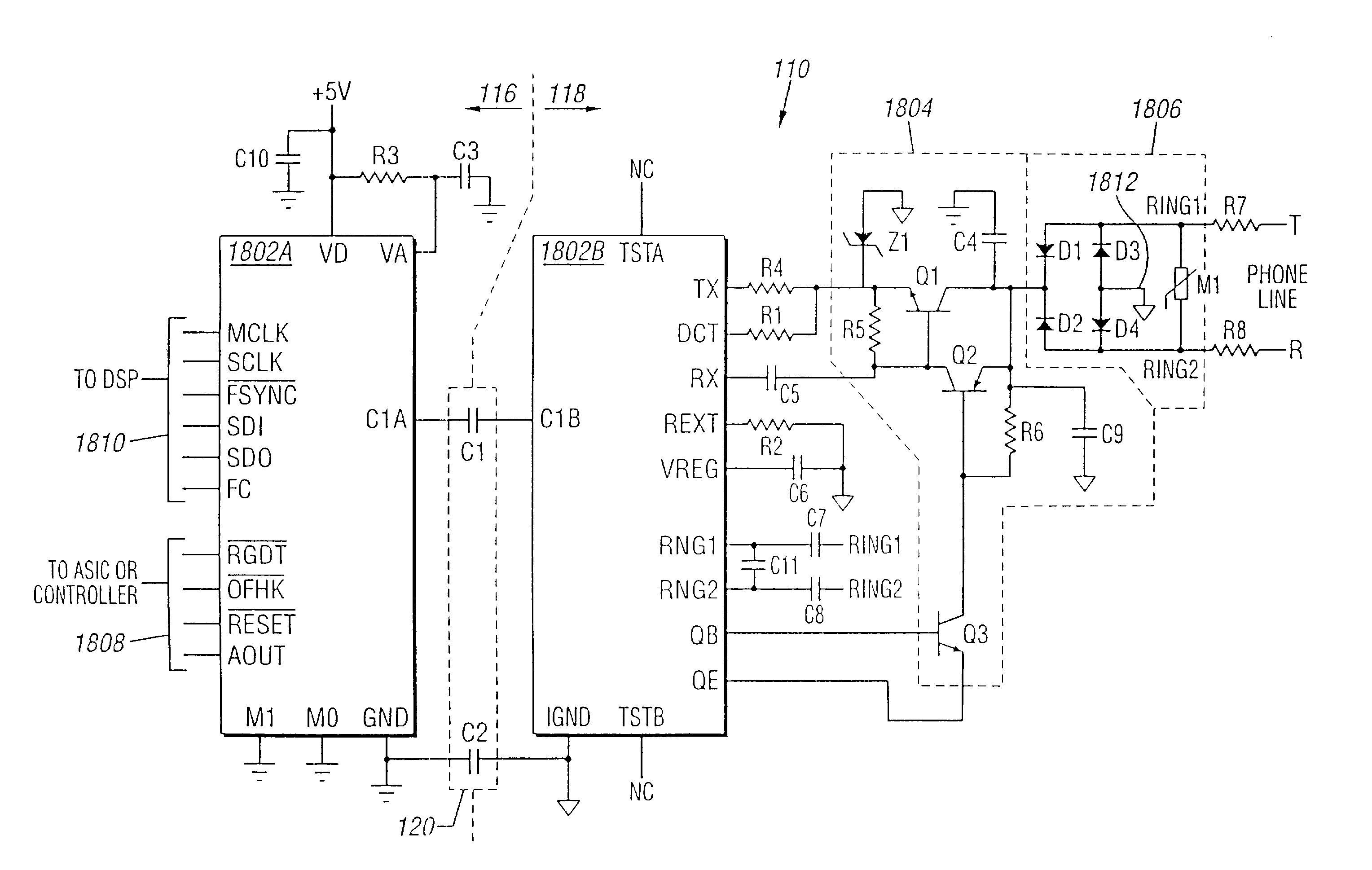 Direct digital access arrangement circuitry and method for connecting to phone lines