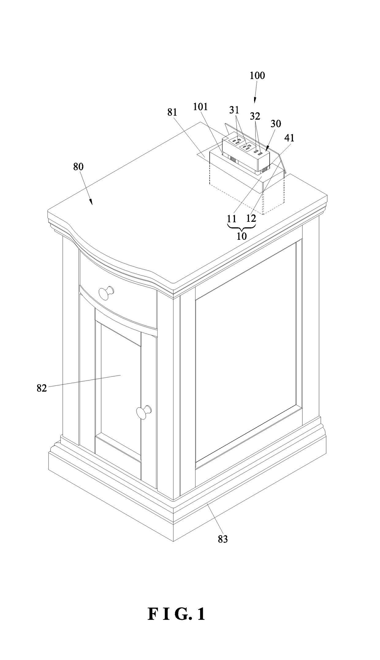 Table cabinet having power-driven lifting socket and power-driven lifting socket